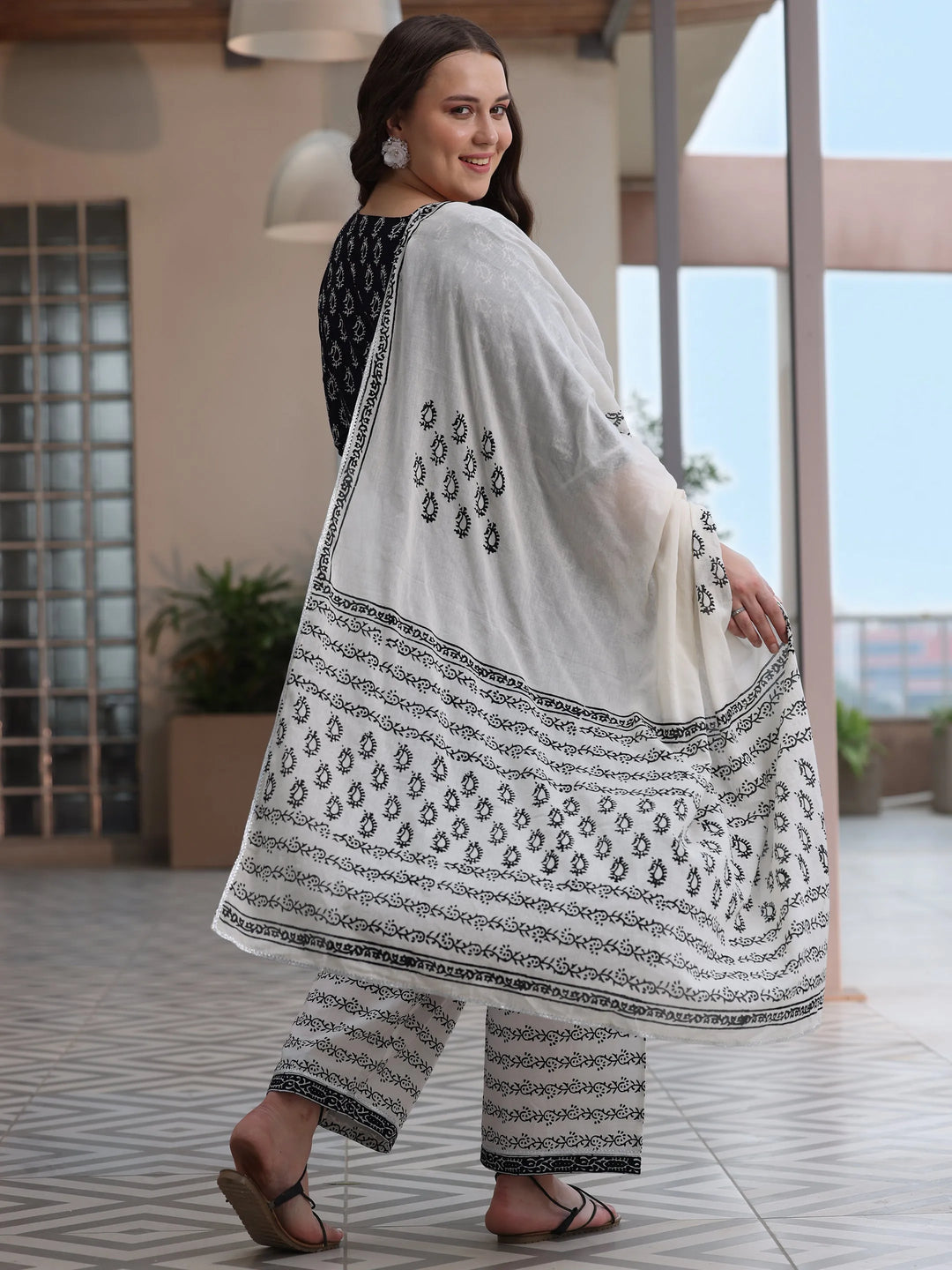  Plus Size Black Printed Cotton Straight Suit With Dupatta 
