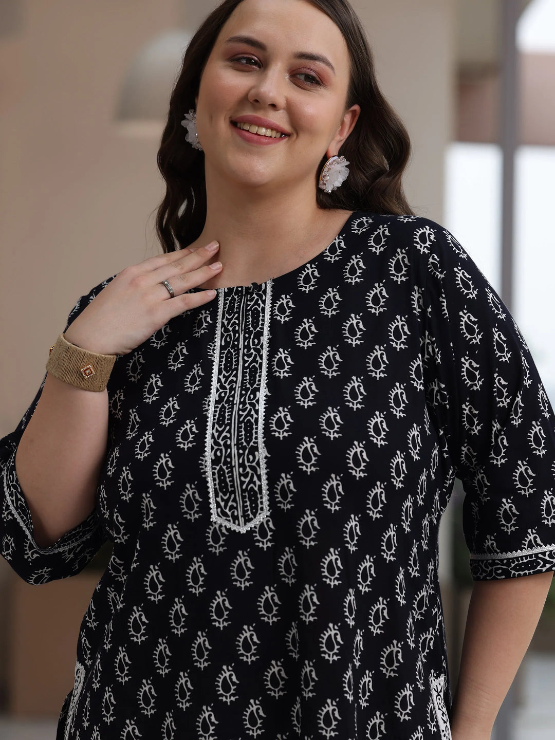  Plus Size Black Printed Cotton Straight Suit With Dupatta 
