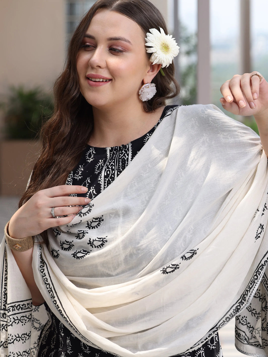  Plus Size Black Printed Cotton Straight Suit With Dupatta 