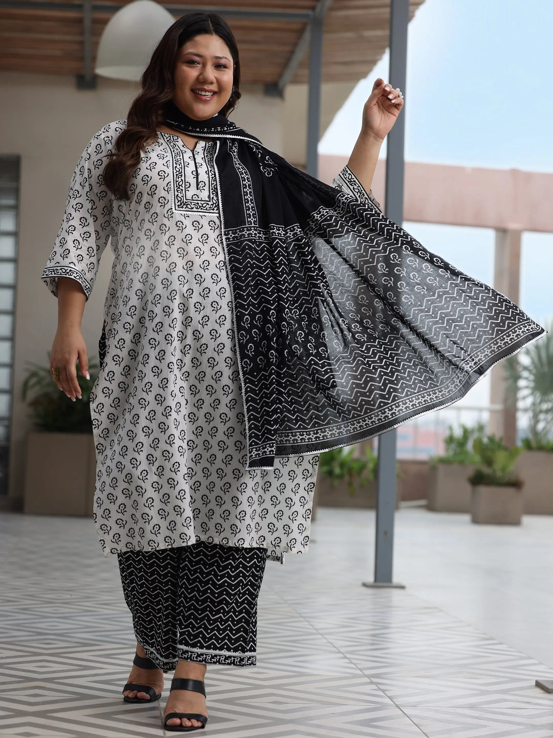  Plus Size Off White Printed Cotton Straight Suit With Dupatta 
