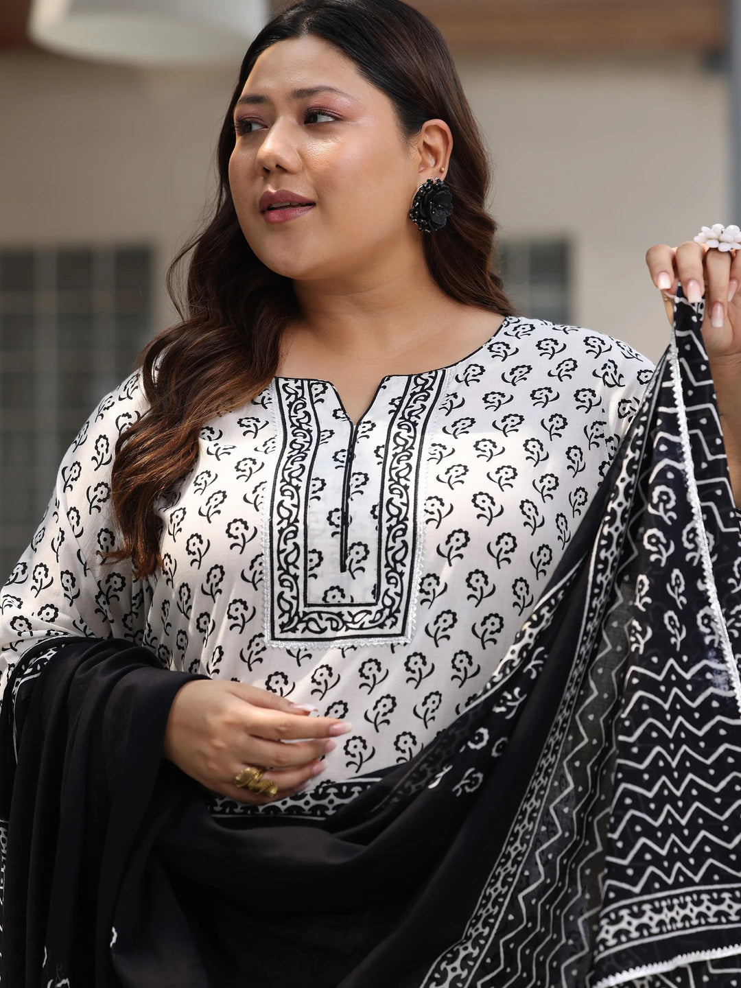  Plus Size Off White Printed Cotton Straight Suit With Dupatta 