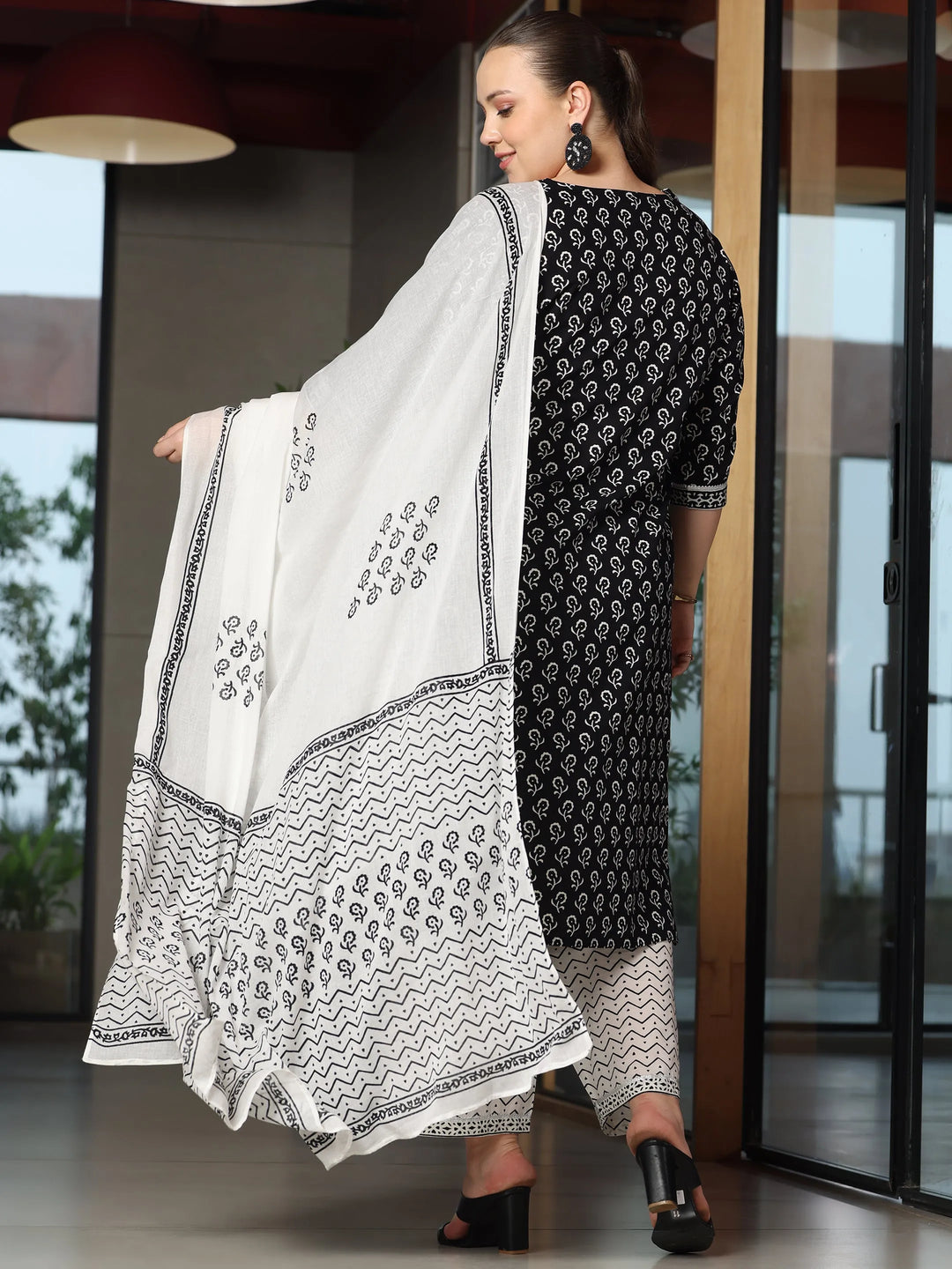  Plus Size Black Printed Cotton Straight Suit With Dupatta 