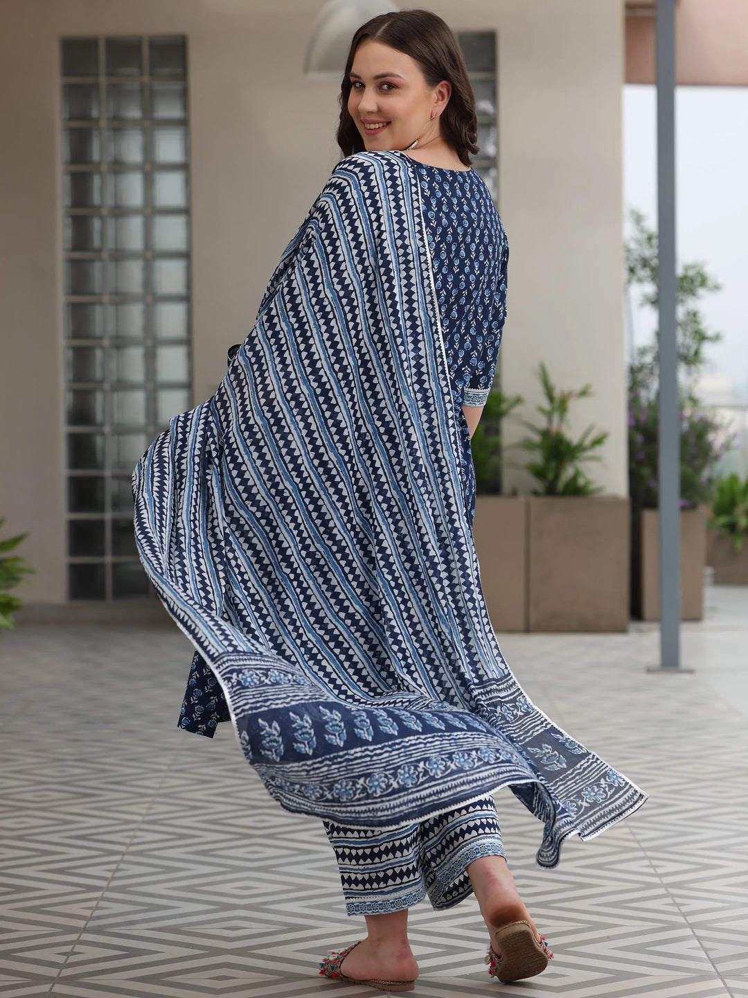  Plus Size Blue Printed Cotton Straight Suit With Dupatta 