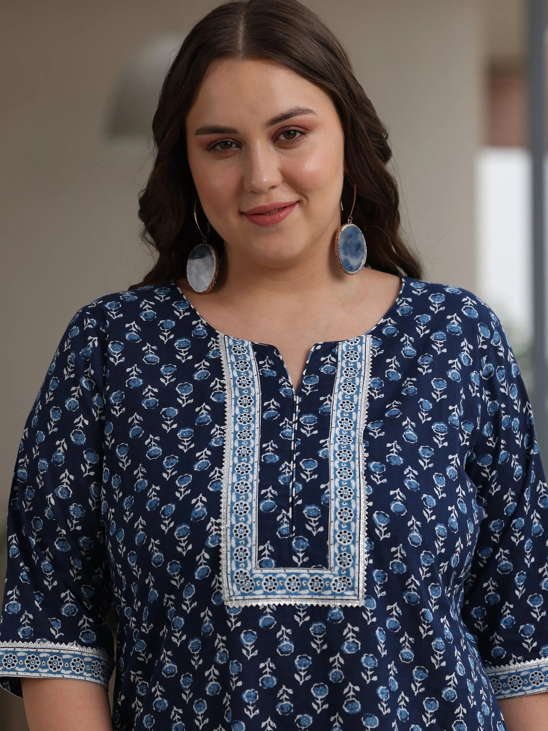  Plus Size Blue Printed Cotton Straight Suit With Dupatta 