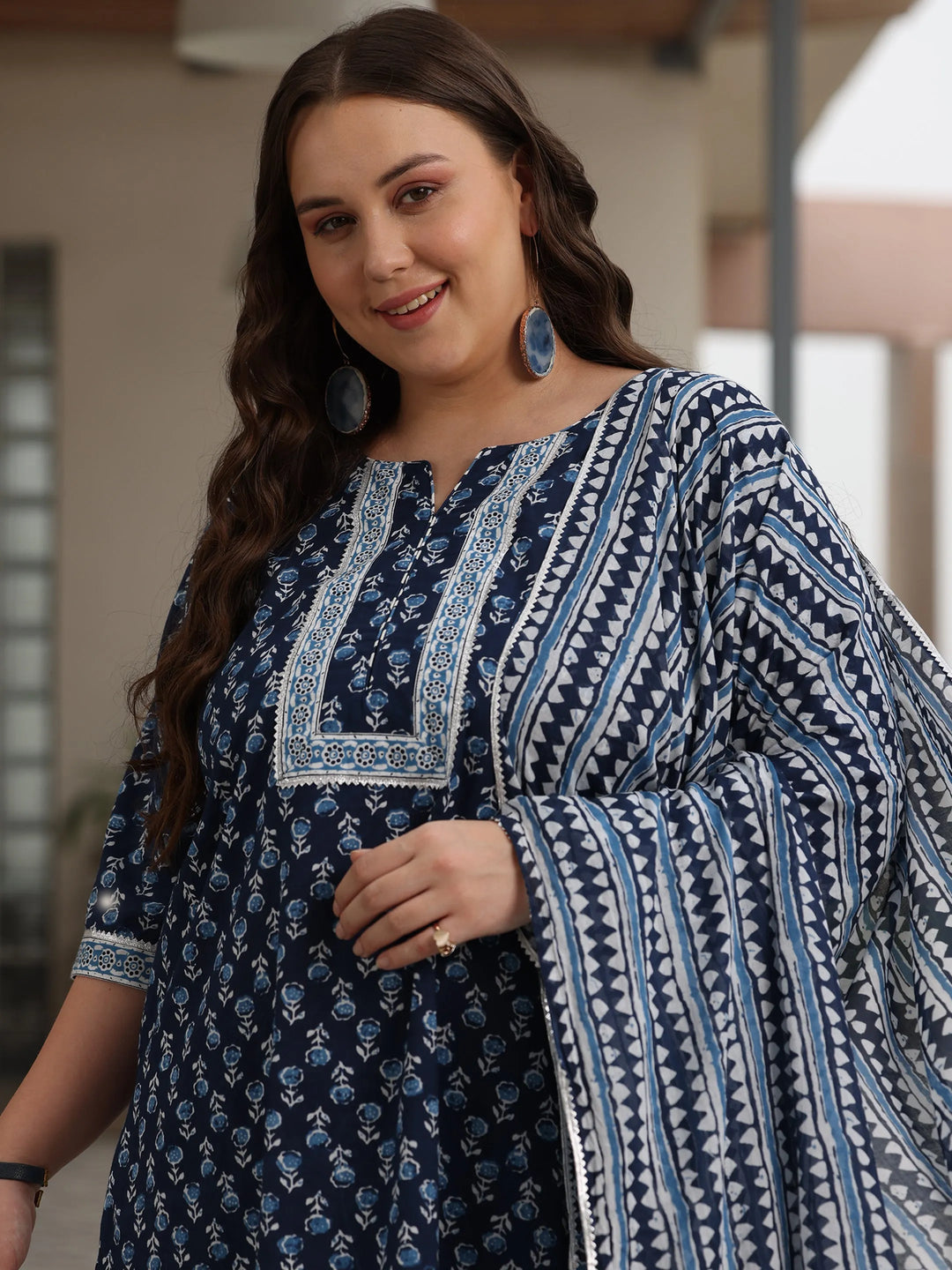  Plus Size Blue Printed Cotton Straight Suit With Dupatta 