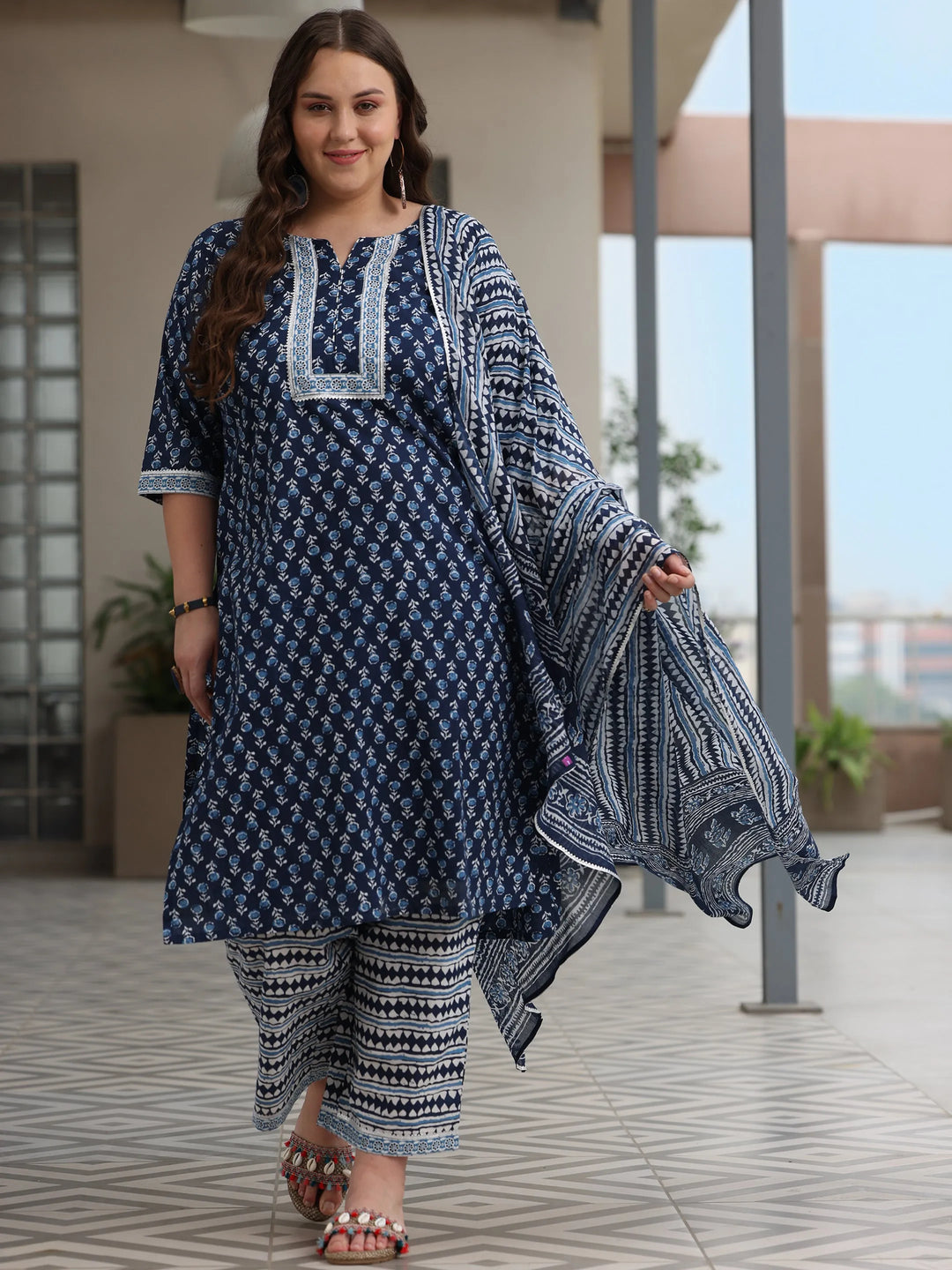  Plus Size Blue Printed Cotton Straight Suit With Dupatta 