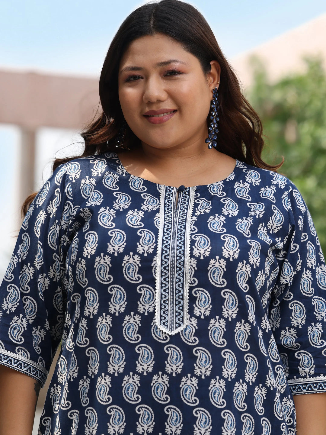  Plus Size Blue Printed Cotton Straight Suit With Dupatta 