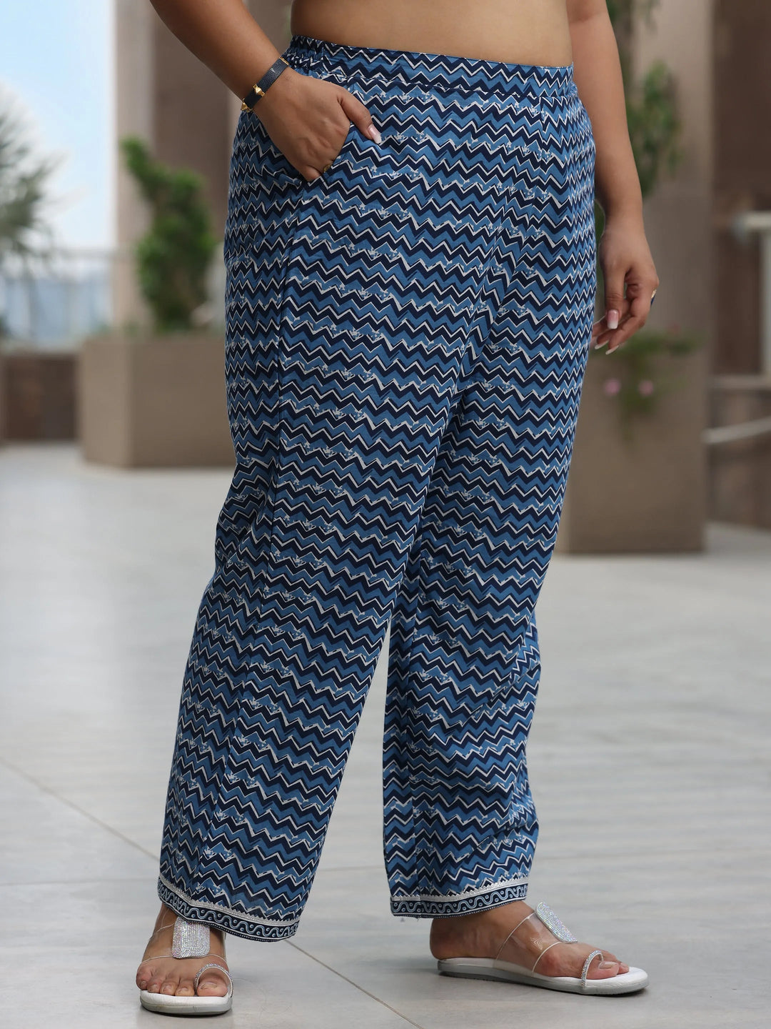  Plus Size Blue Printed Cotton Straight Suit With Dupatta 