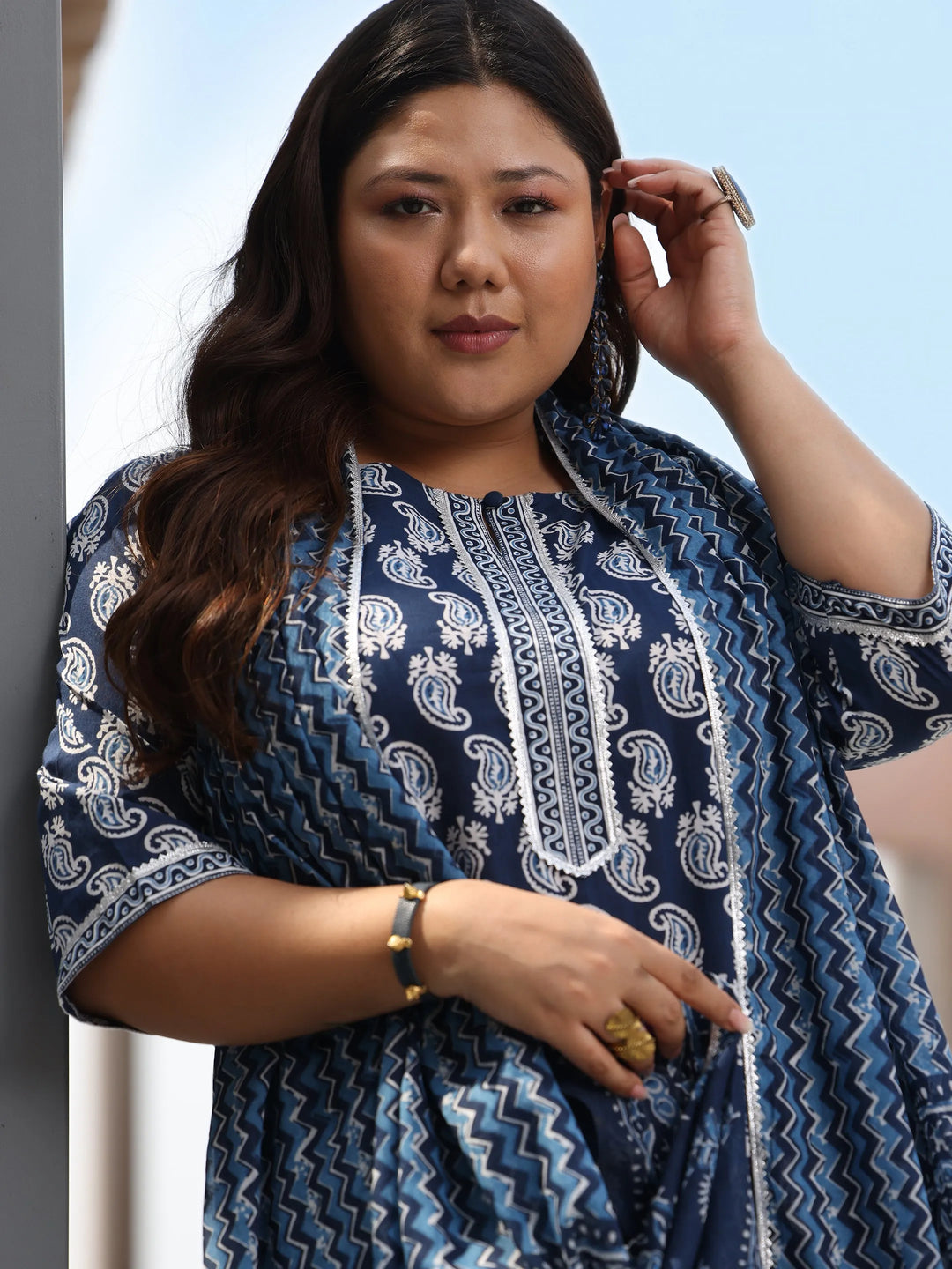  Plus Size Blue Printed Cotton Straight Suit With Dupatta 
