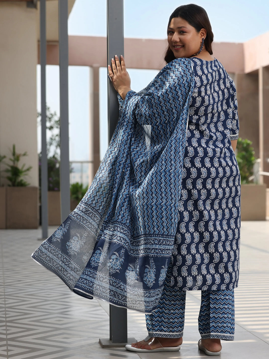  Plus Size Blue Printed Cotton Straight Suit With Dupatta 