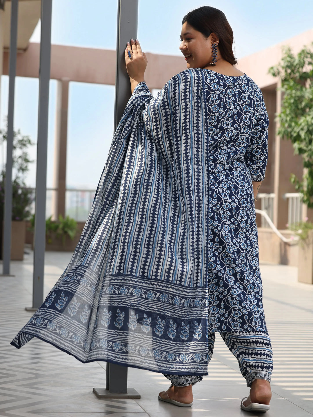  Plus Size Blue Printed Cotton Straight Suit With Dupatta 