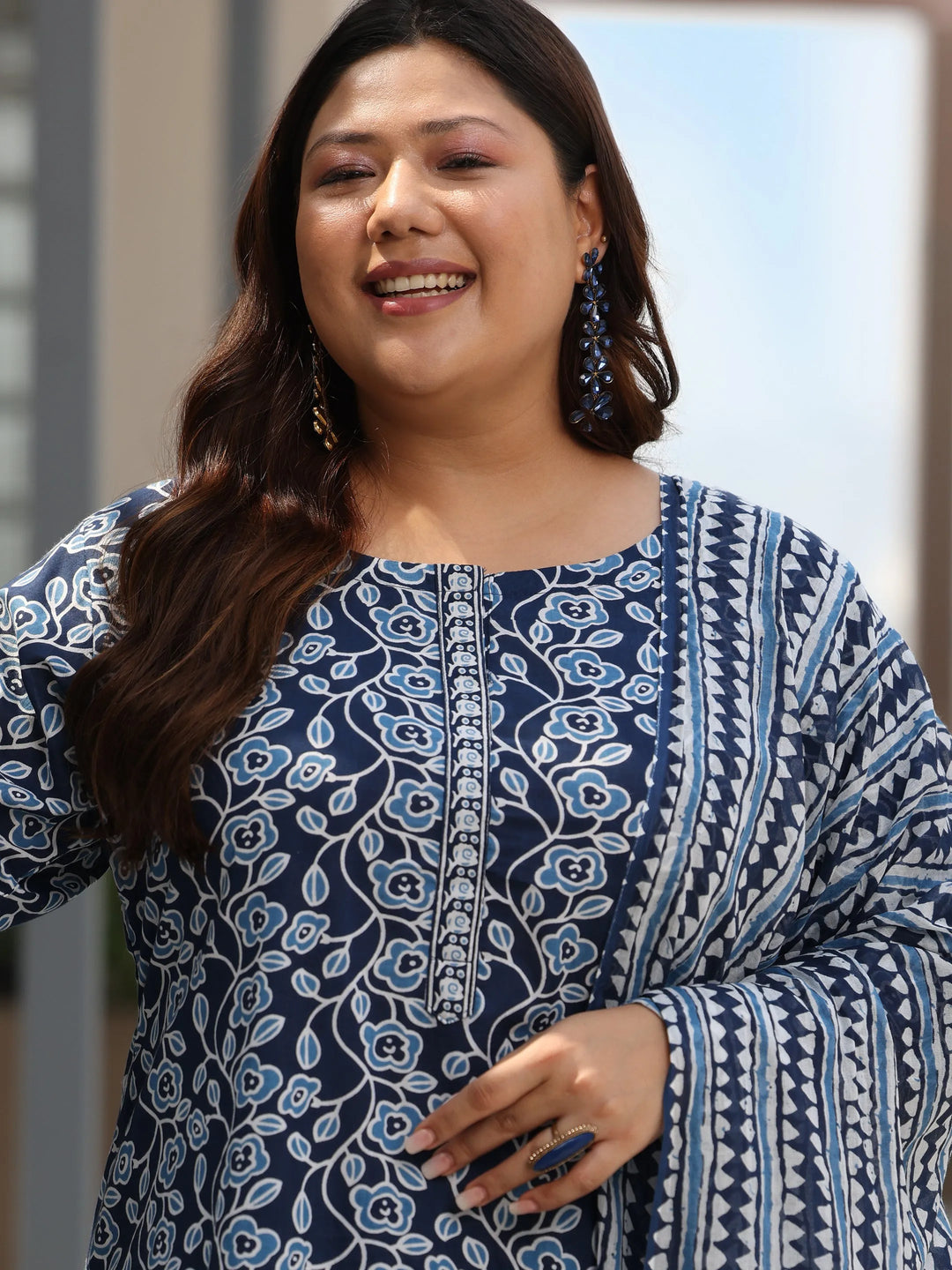  Plus Size Blue Printed Cotton Straight Suit With Dupatta 