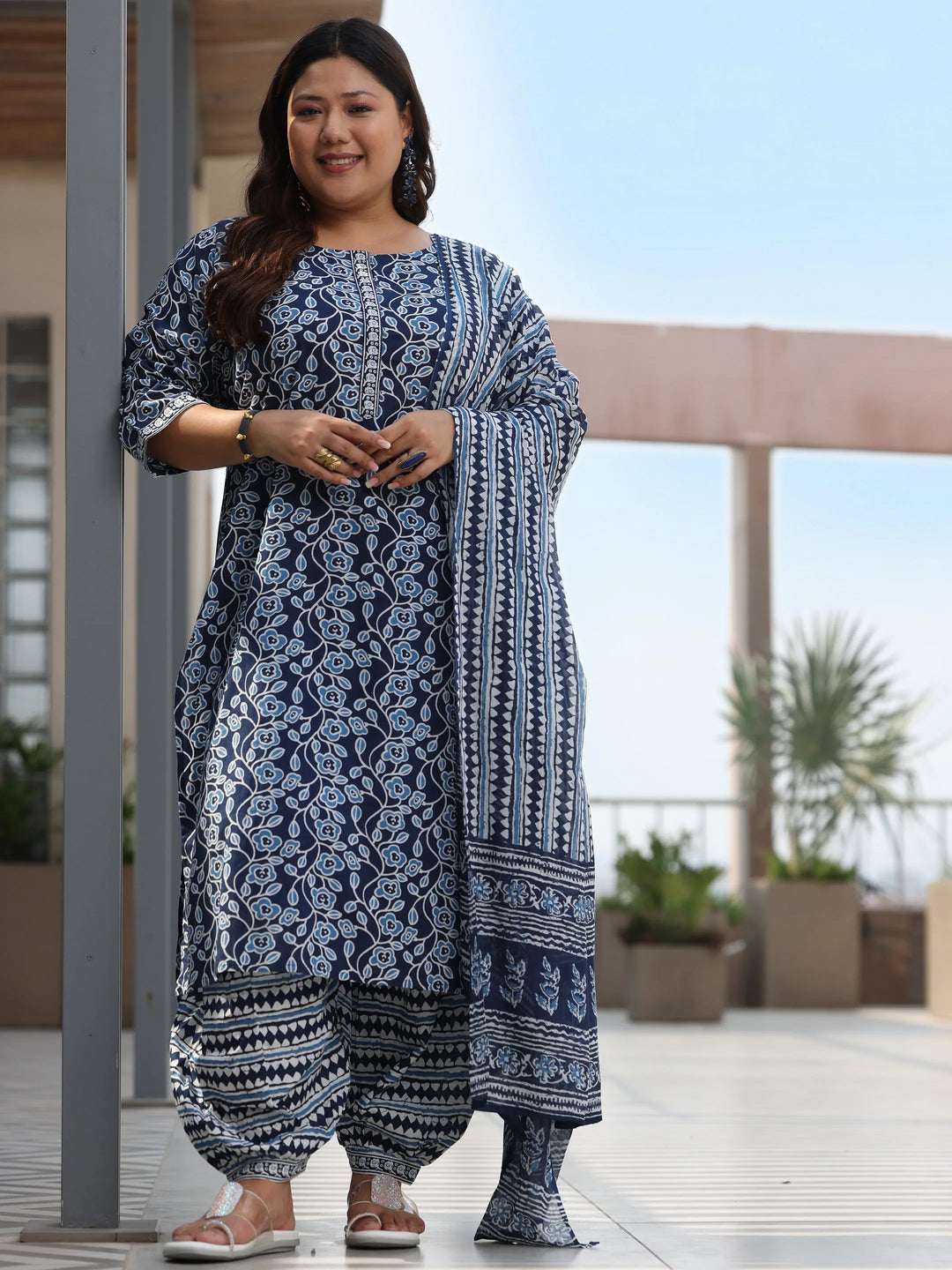  Plus Size Blue Printed Cotton Straight Suit With Dupatta 