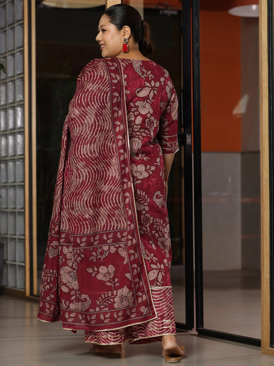  Plus Size Rust Printed Cotton Straight Suit With Dupatta 