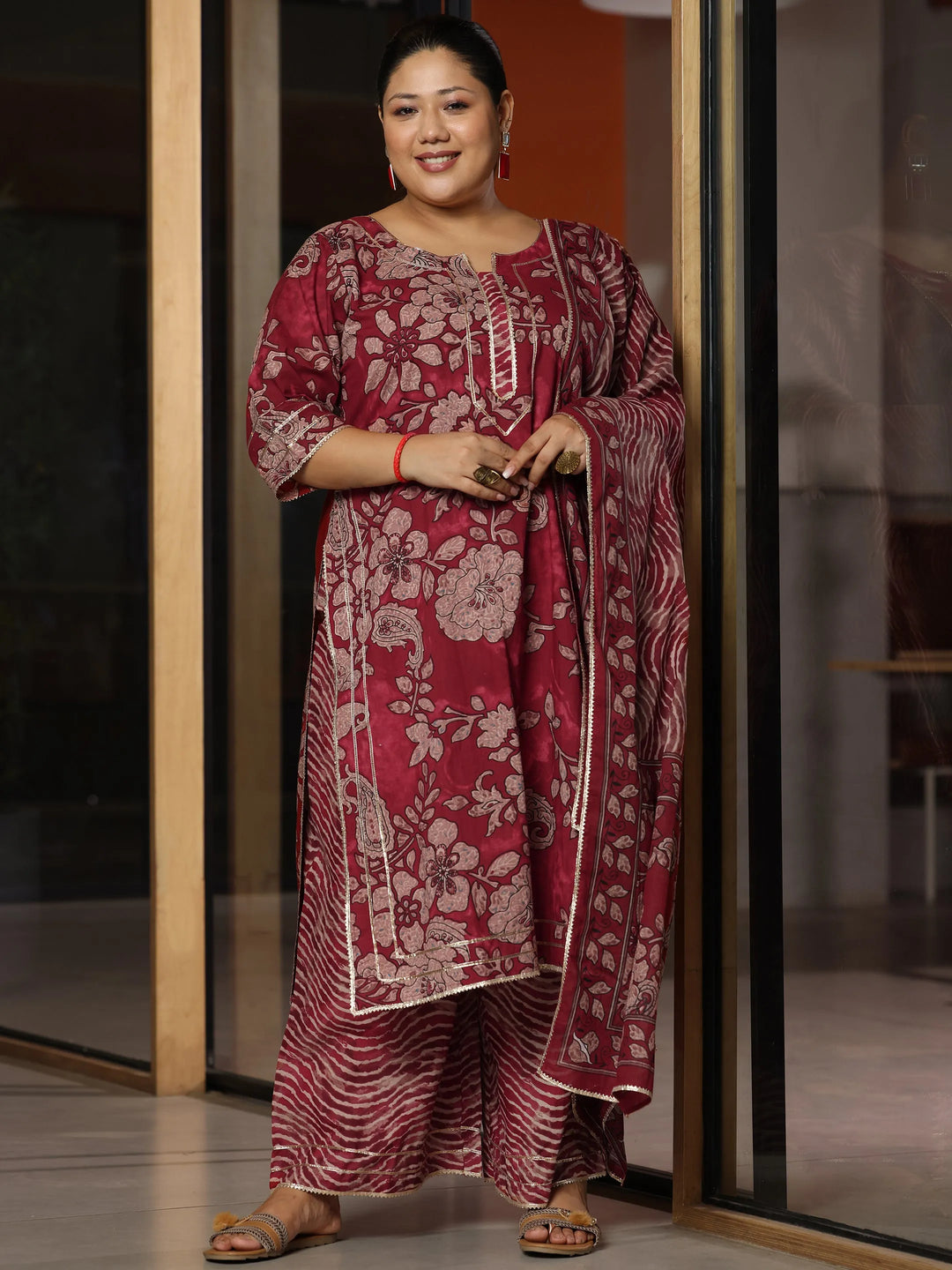  Plus Size Rust Printed Cotton Straight Suit With Dupatta 