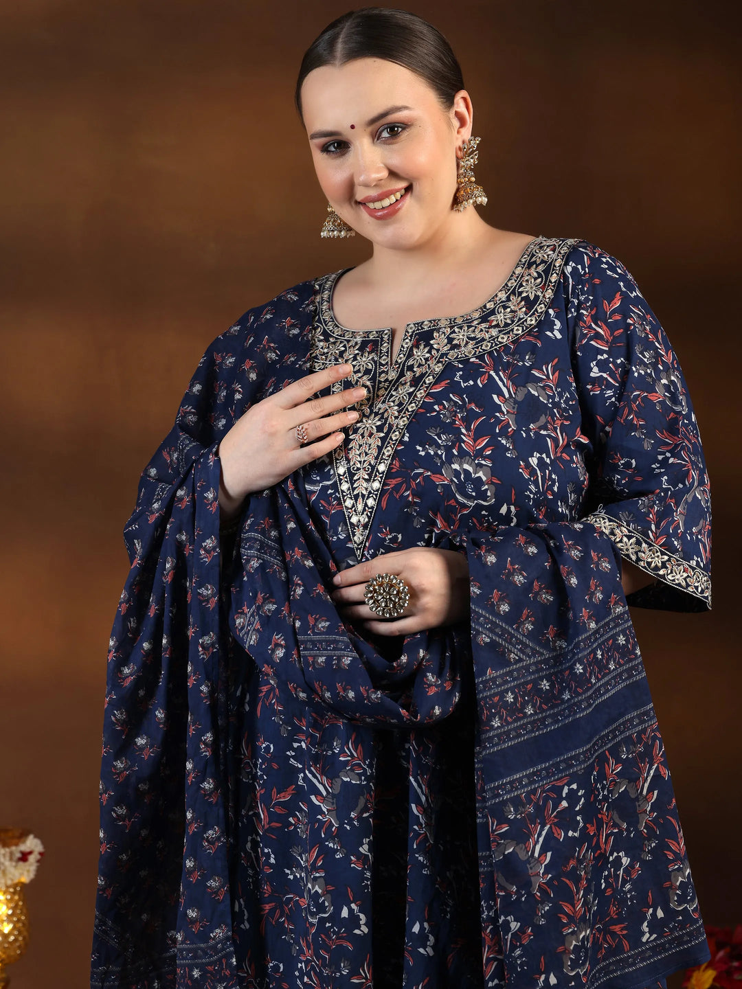  Plus Size Blue Printed Cotton Straight Suit With Dupatta 