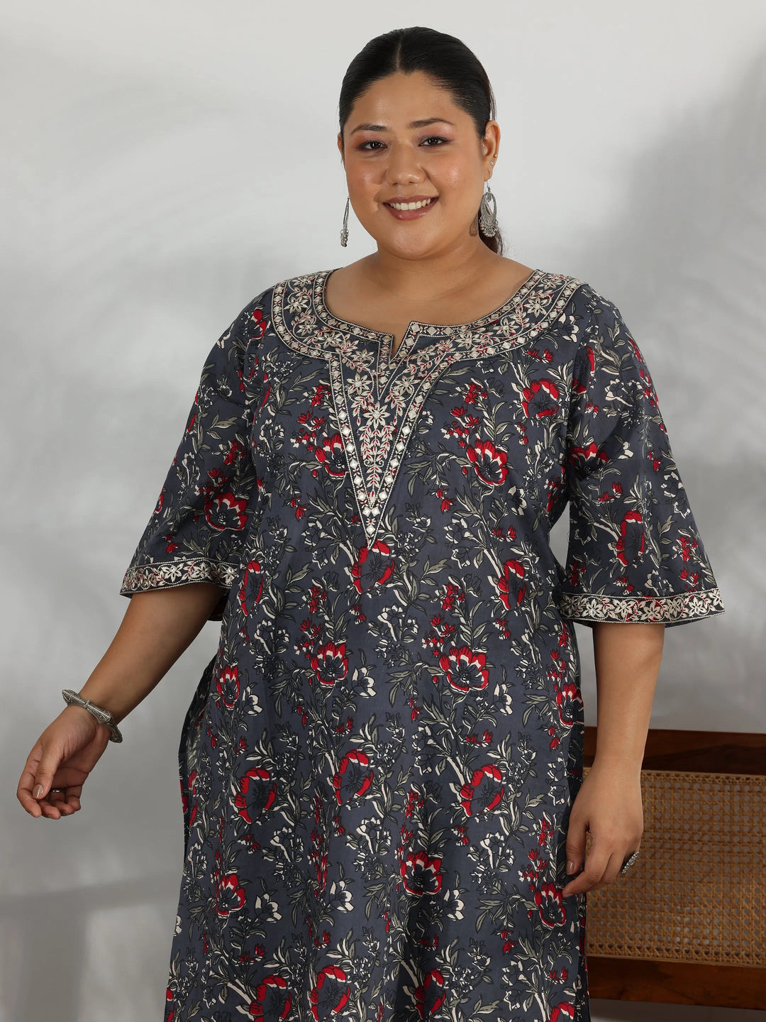  Plus Size Grey Printed Cotton Straight Suit With Dupatta 