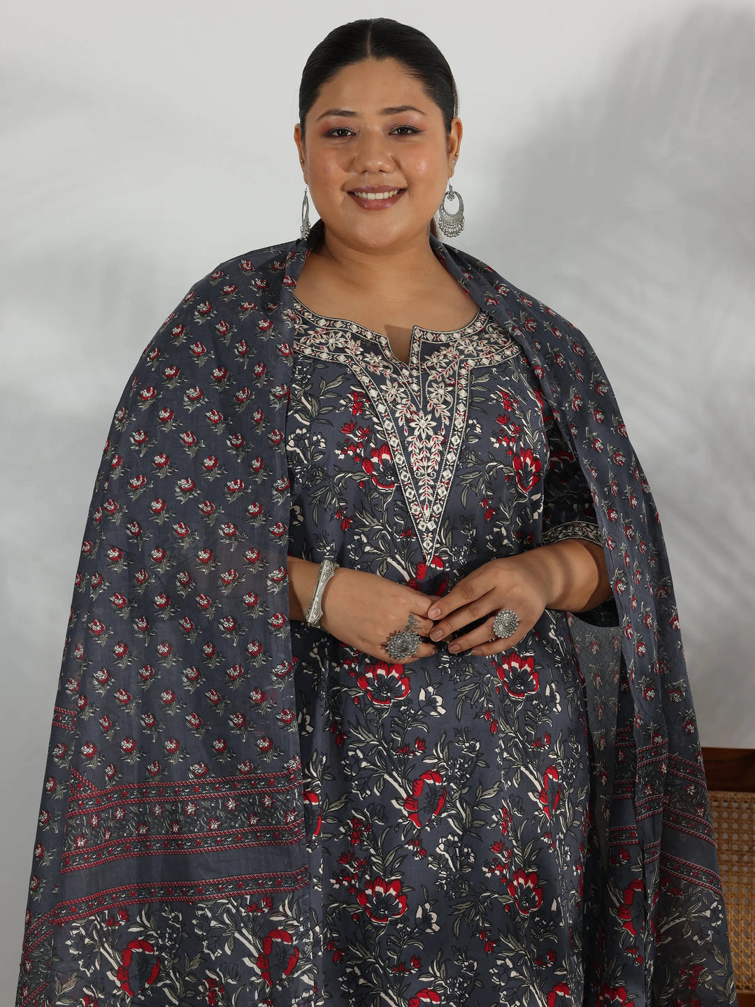  Plus Size Grey Printed Cotton Straight Suit With Dupatta 