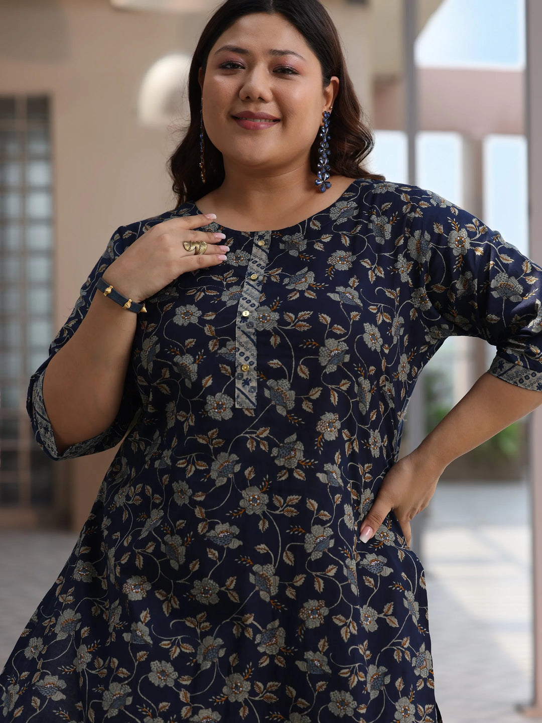  Plus Size Blue Printed Cotton Straight Suit With Dupatta 