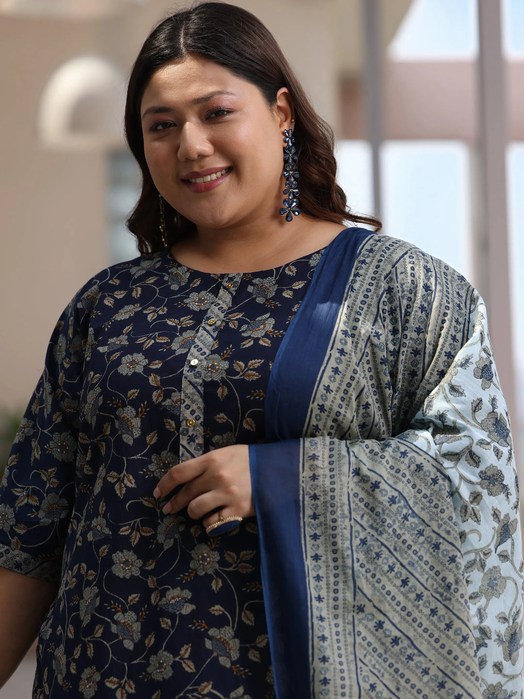  Plus Size Blue Printed Cotton Straight Suit With Dupatta 
