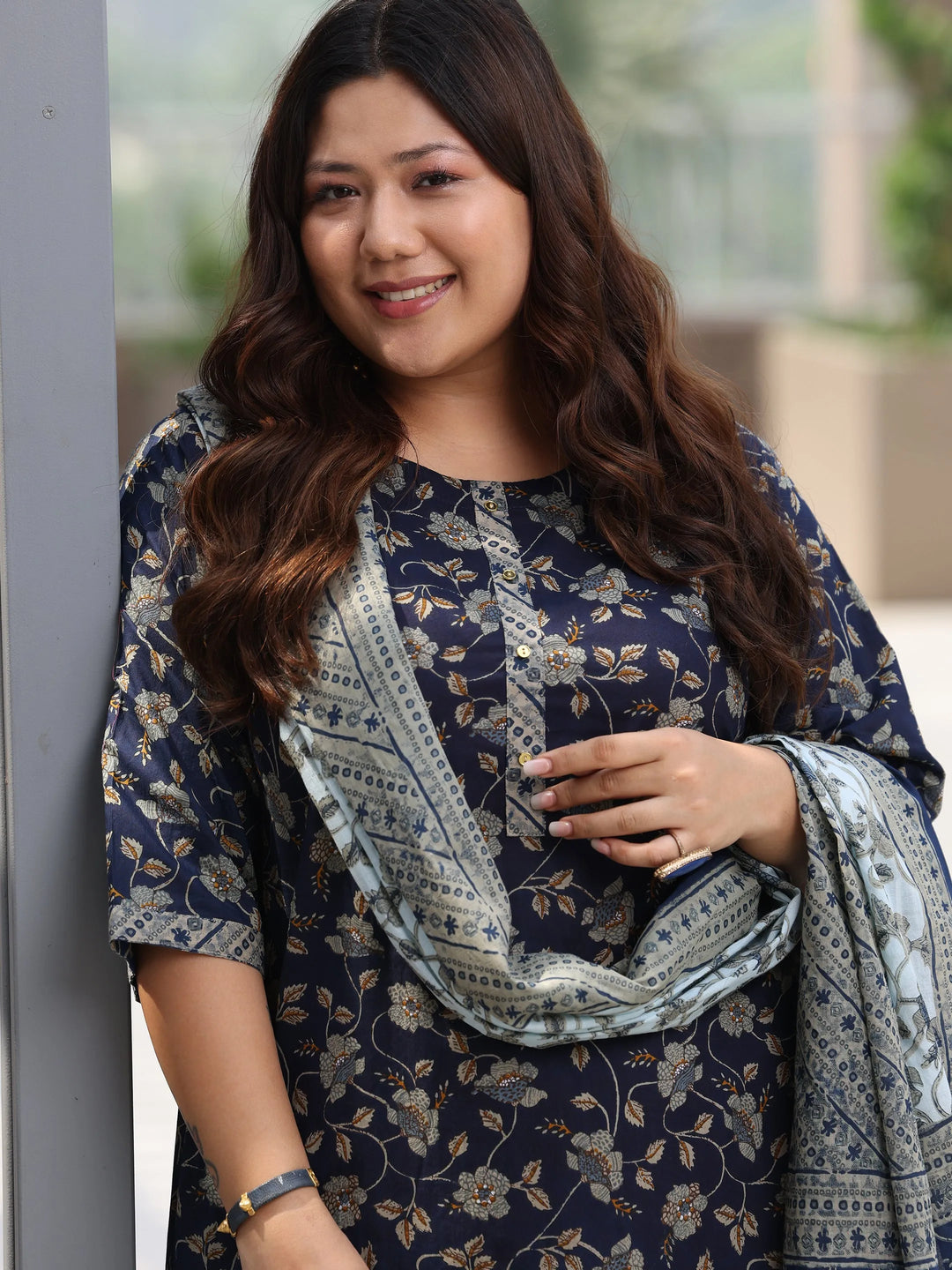  Plus Size Blue Printed Cotton Straight Suit With Dupatta 