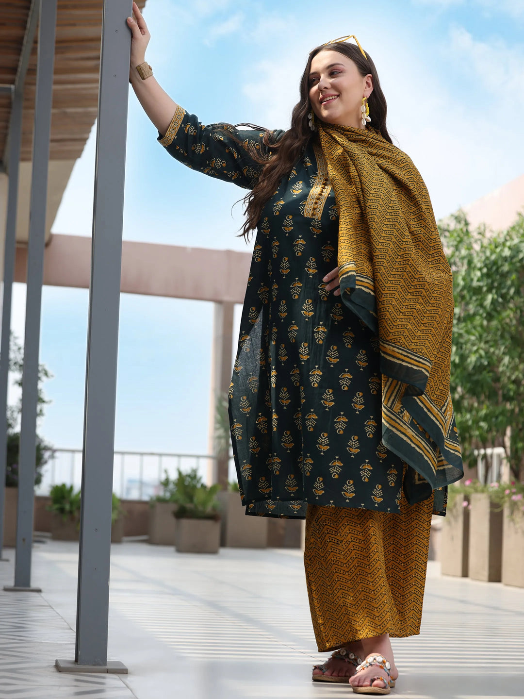  Plus Size Green Printed Cotton Straight Suit With Dupatta 