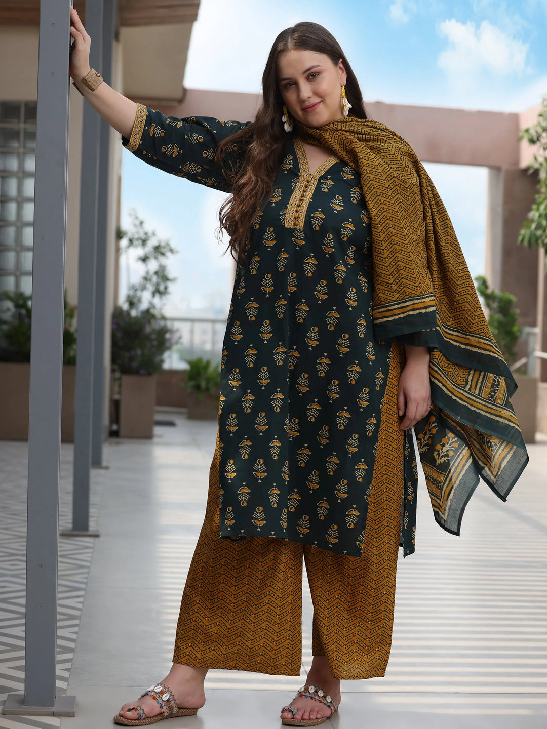  Plus Size Green Printed Cotton Straight Suit With Dupatta 