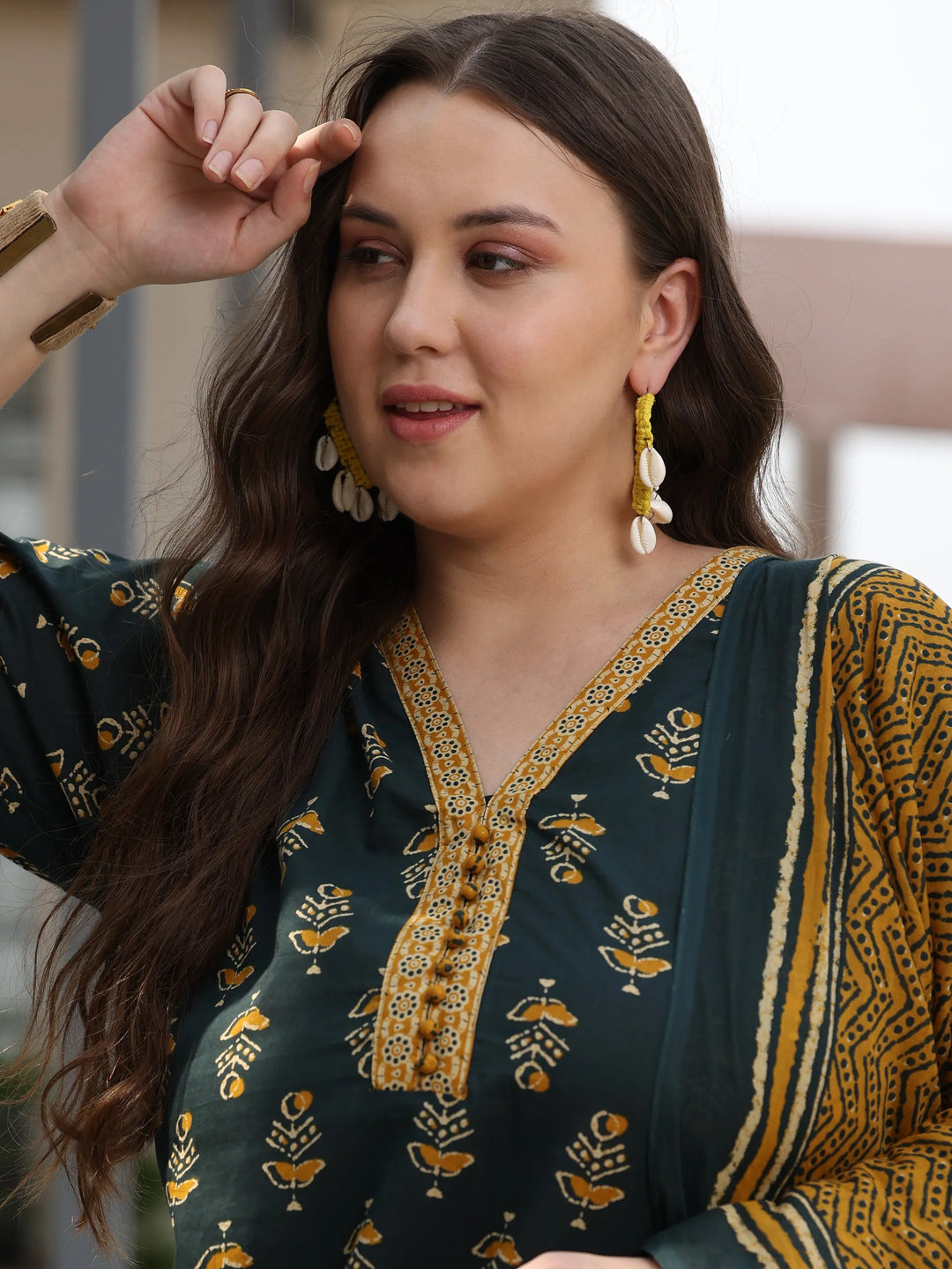 Plus Size Green Printed Cotton Straight Suit With Dupatta 