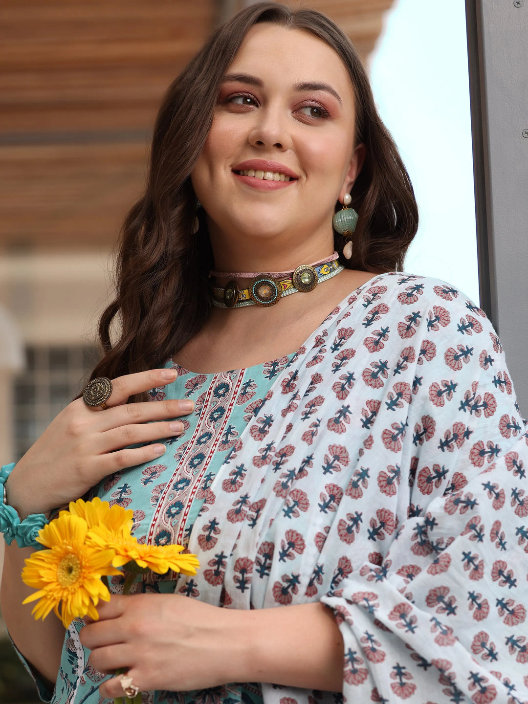  Plus Size Blue Printed Cotton Straight Suit With Dupatta 