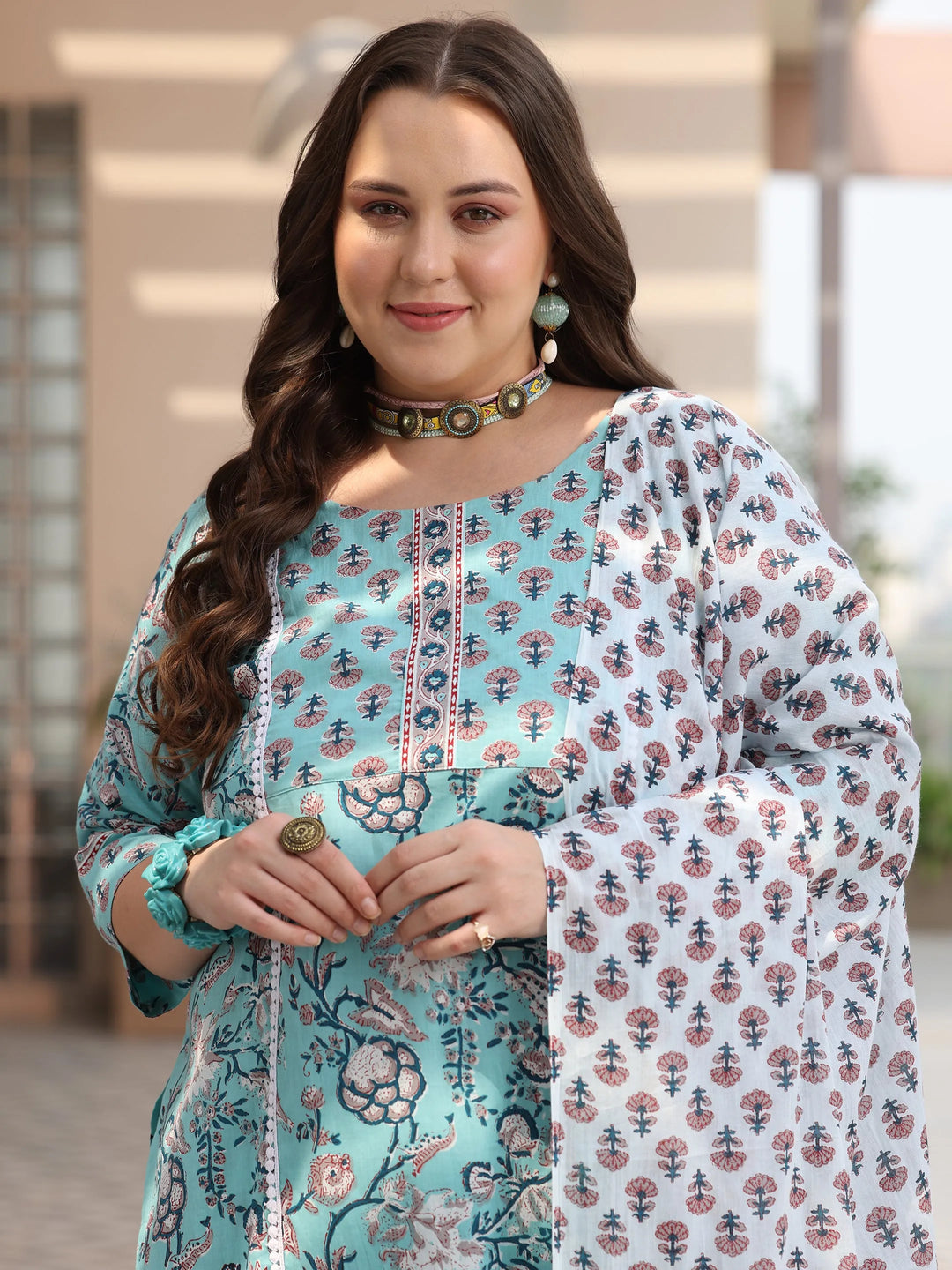  Plus Size Blue Printed Cotton Straight Suit With Dupatta 