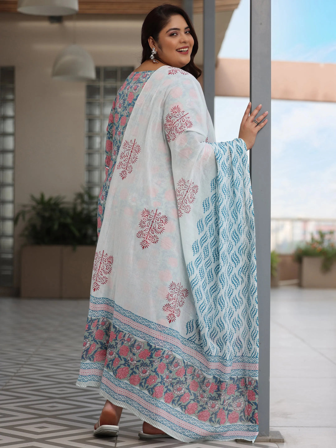  Plus Size Blue Printed Cotton Straight Suit With Dupatta 
