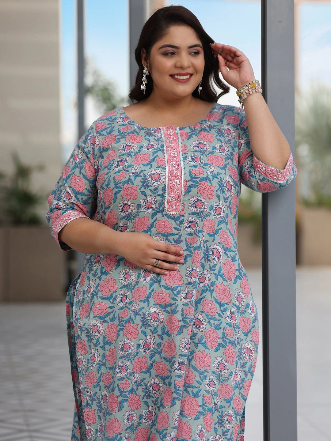  Plus Size Blue Printed Cotton Straight Suit With Dupatta 