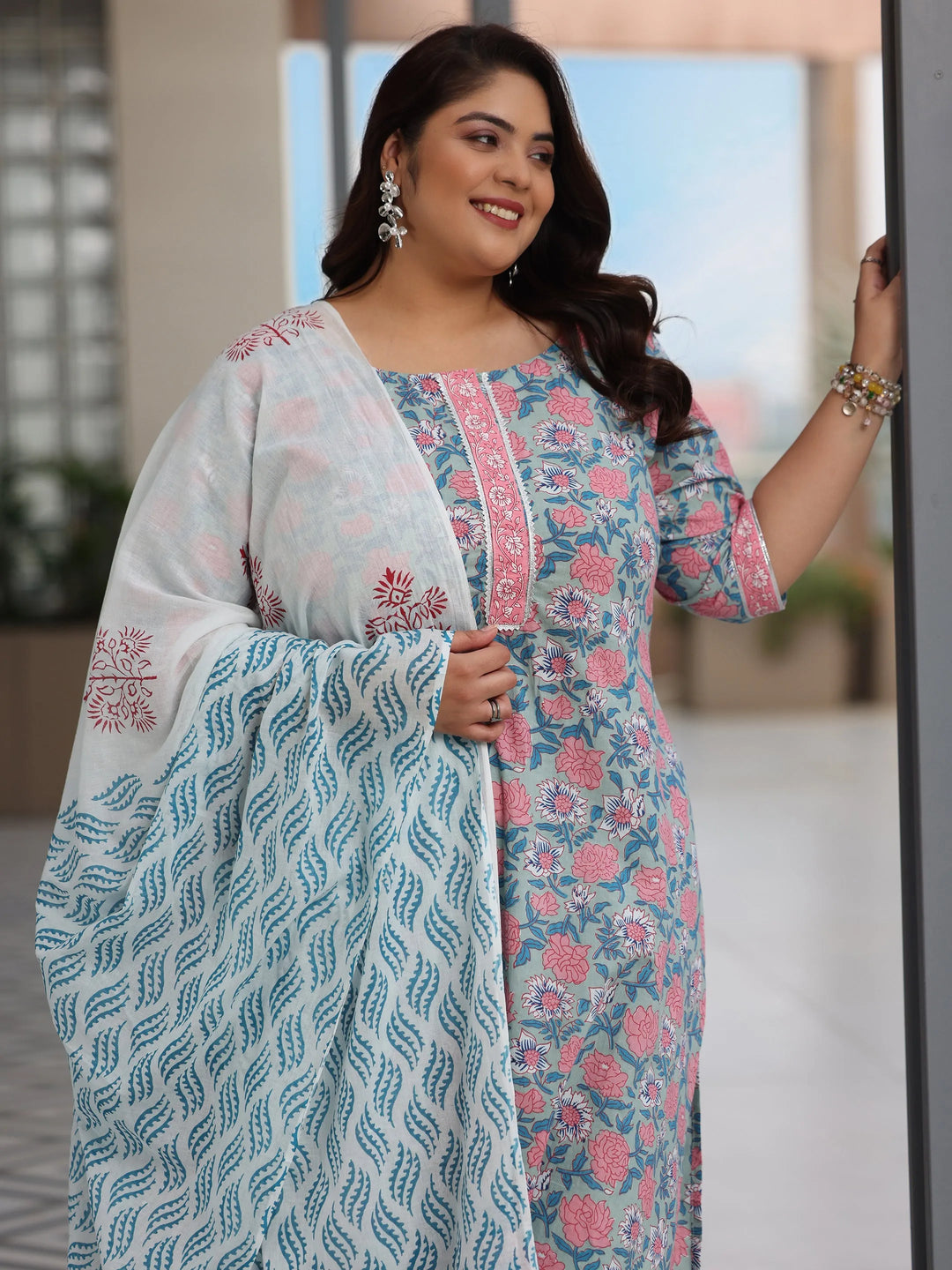  Plus Size Blue Printed Cotton Straight Suit With Dupatta 