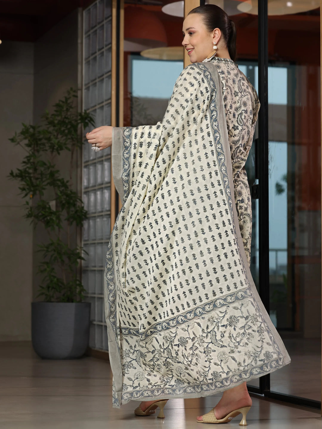  Plus Size Grey Printed Cotton Straight Suit With Dupatta 