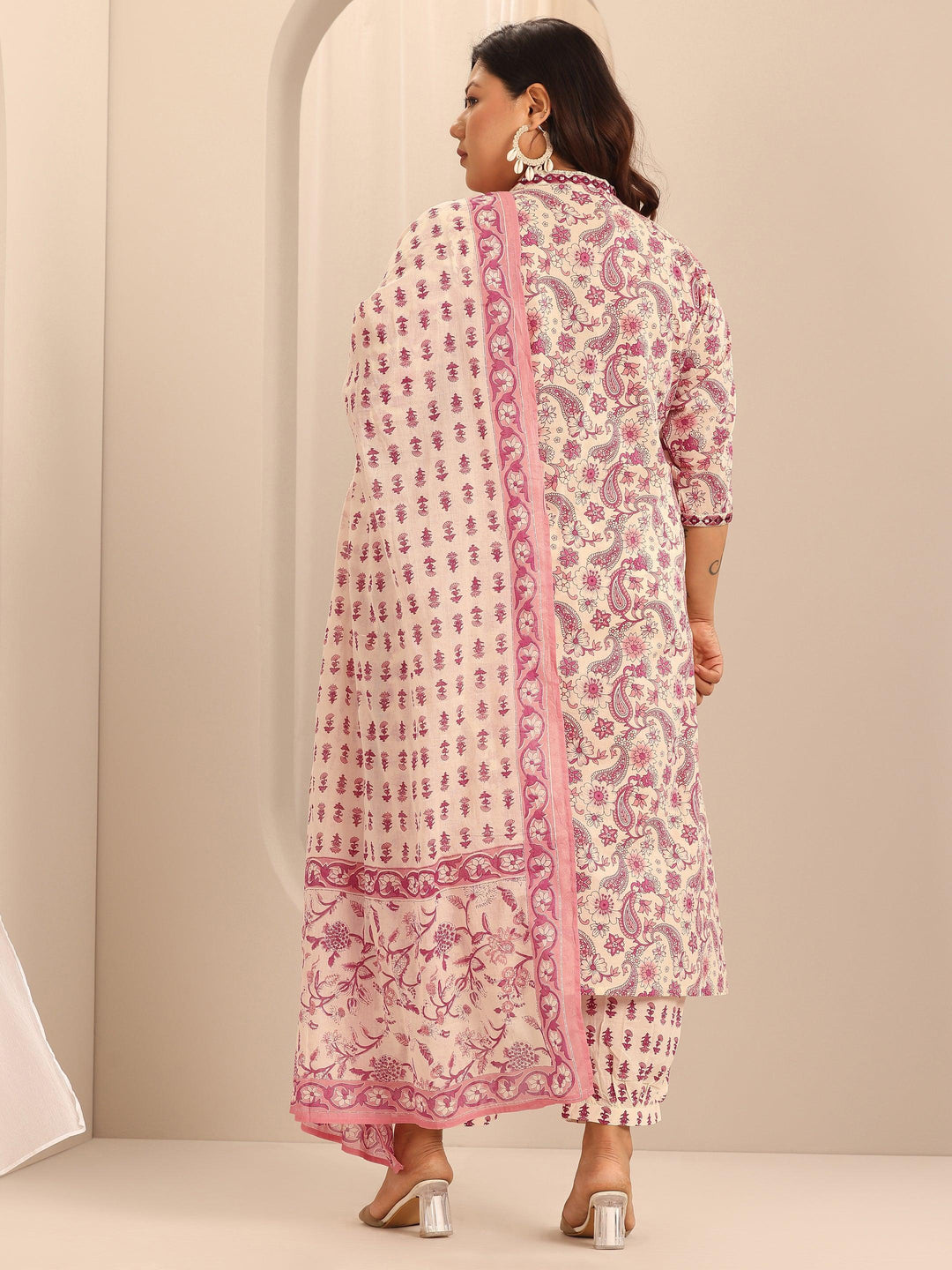 Plus Size Pink Printed Cotton Straight Suit With Dupatta 