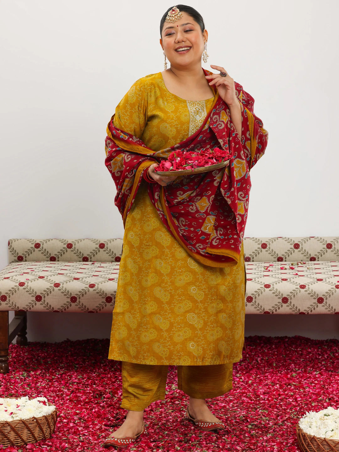  Plus Size Mustard Printed Silk Blend Straight Suit With Dupatta 