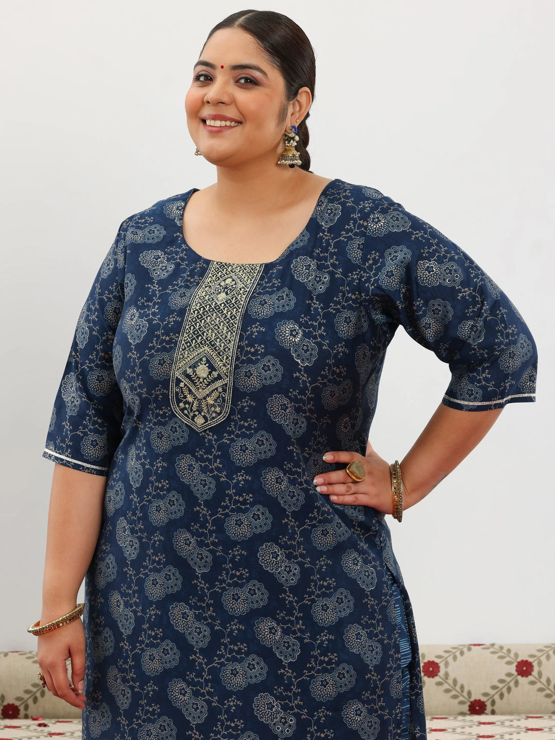  Plus Size Blue Printed Silk Blend Straight Suit With Dupatta 