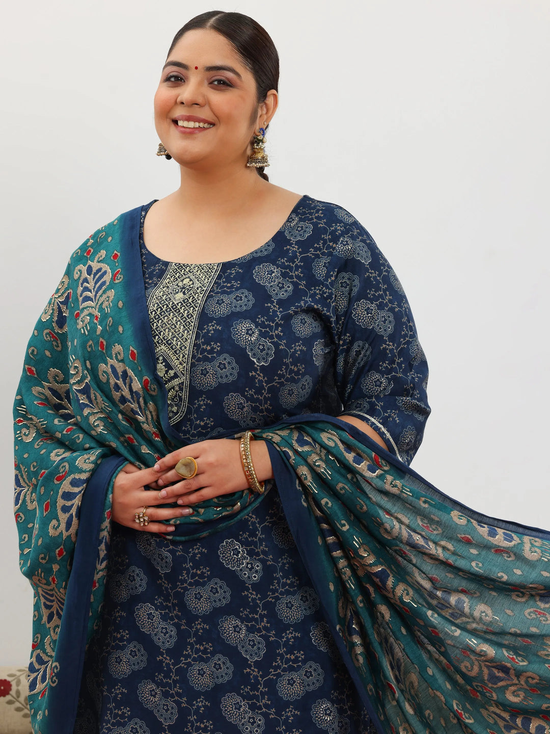  Plus Size Blue Printed Silk Blend Straight Suit With Dupatta 