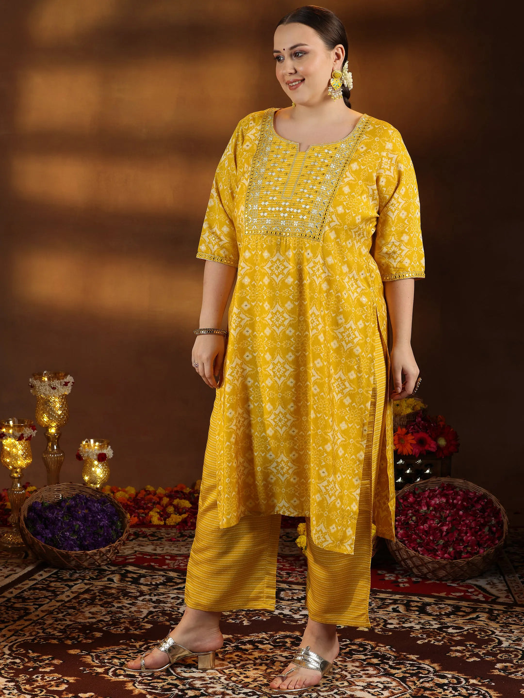  Plus Size Mustard Printed Silk Blend Straight Suit With Dupatta 