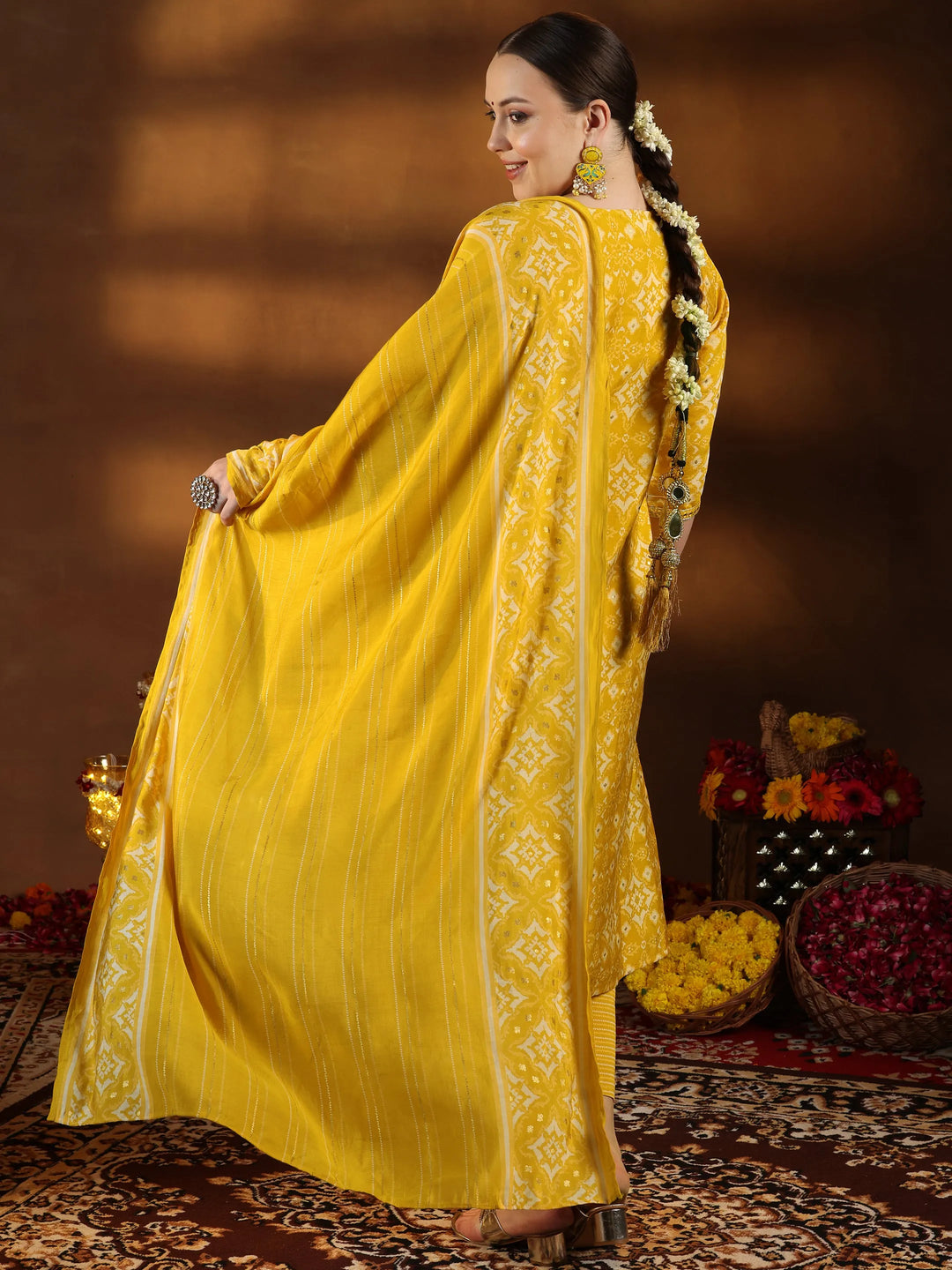  Plus Size Mustard Printed Silk Blend Straight Suit With Dupatta 