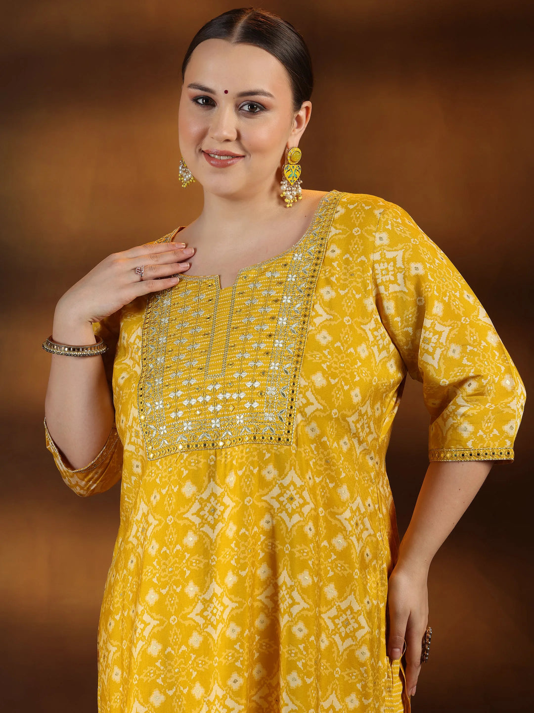  Plus Size Mustard Printed Silk Blend Straight Suit With Dupatta 