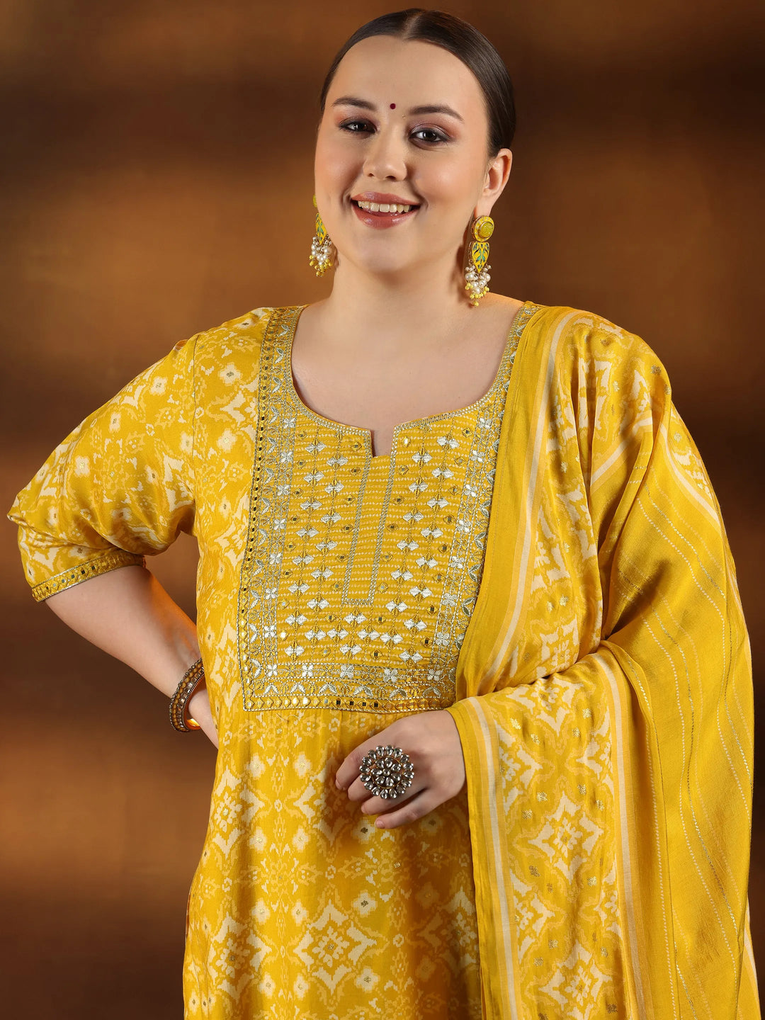  Plus Size Mustard Printed Silk Blend Straight Suit With Dupatta 