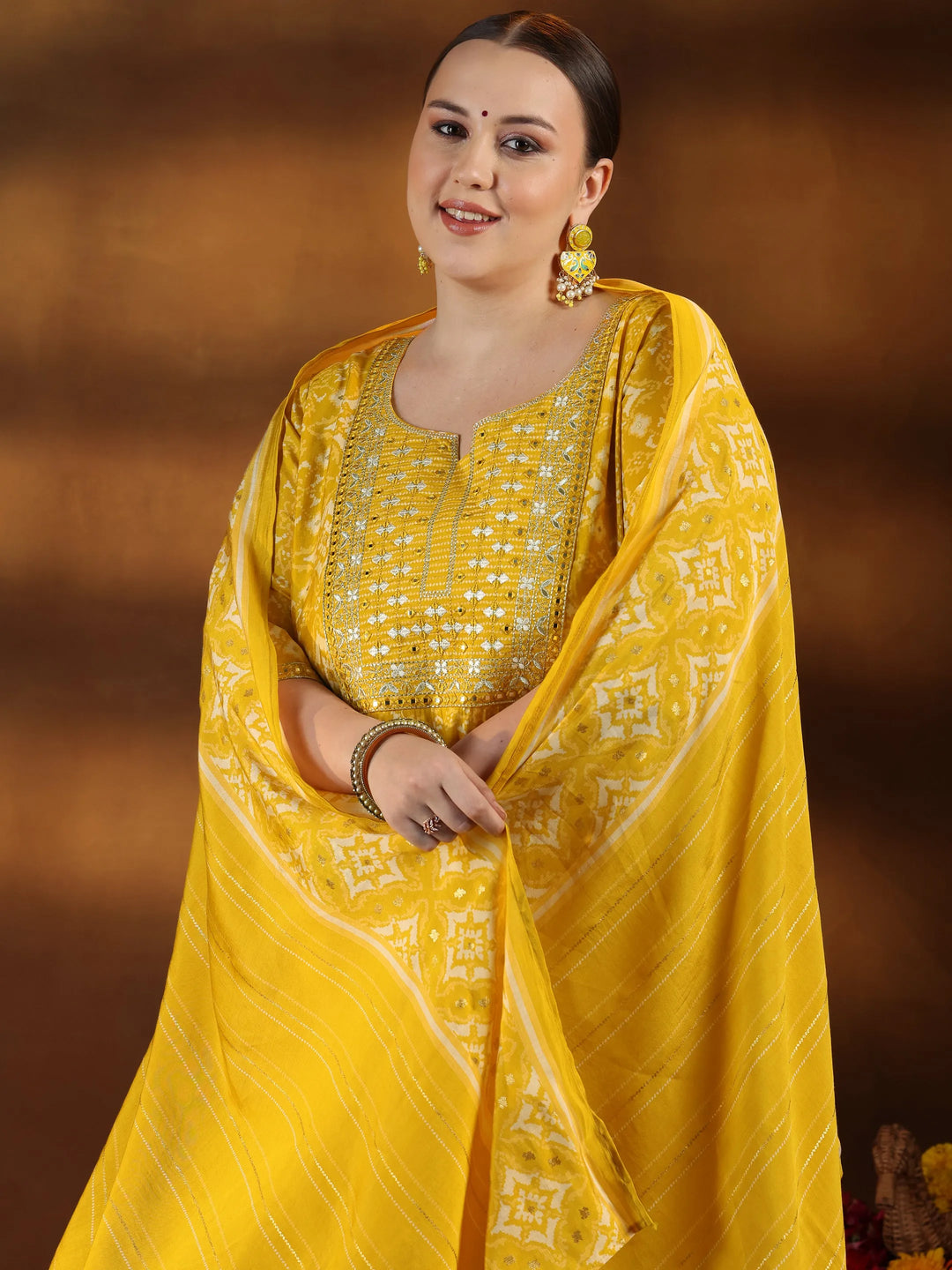  Plus Size Mustard Printed Silk Blend Straight Suit With Dupatta 