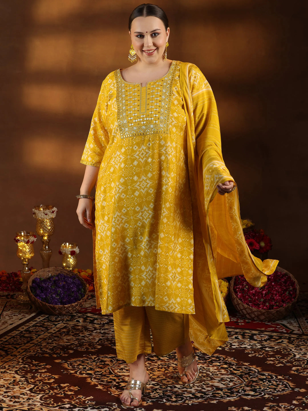  Plus Size Mustard Printed Silk Blend Straight Suit With Dupatta 