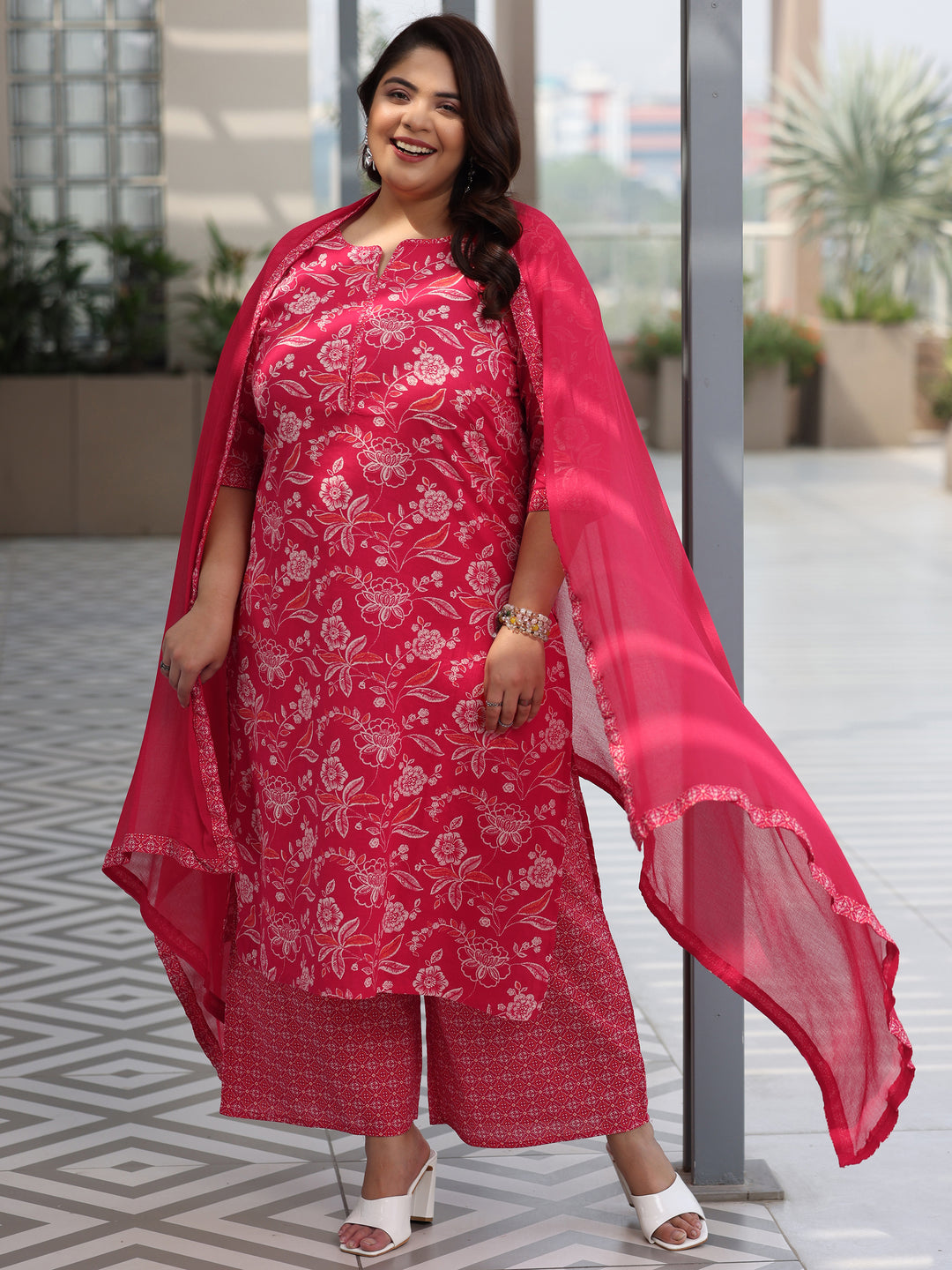  Plus Size Pink Printed Cotton Straight Suit With Dupatta 