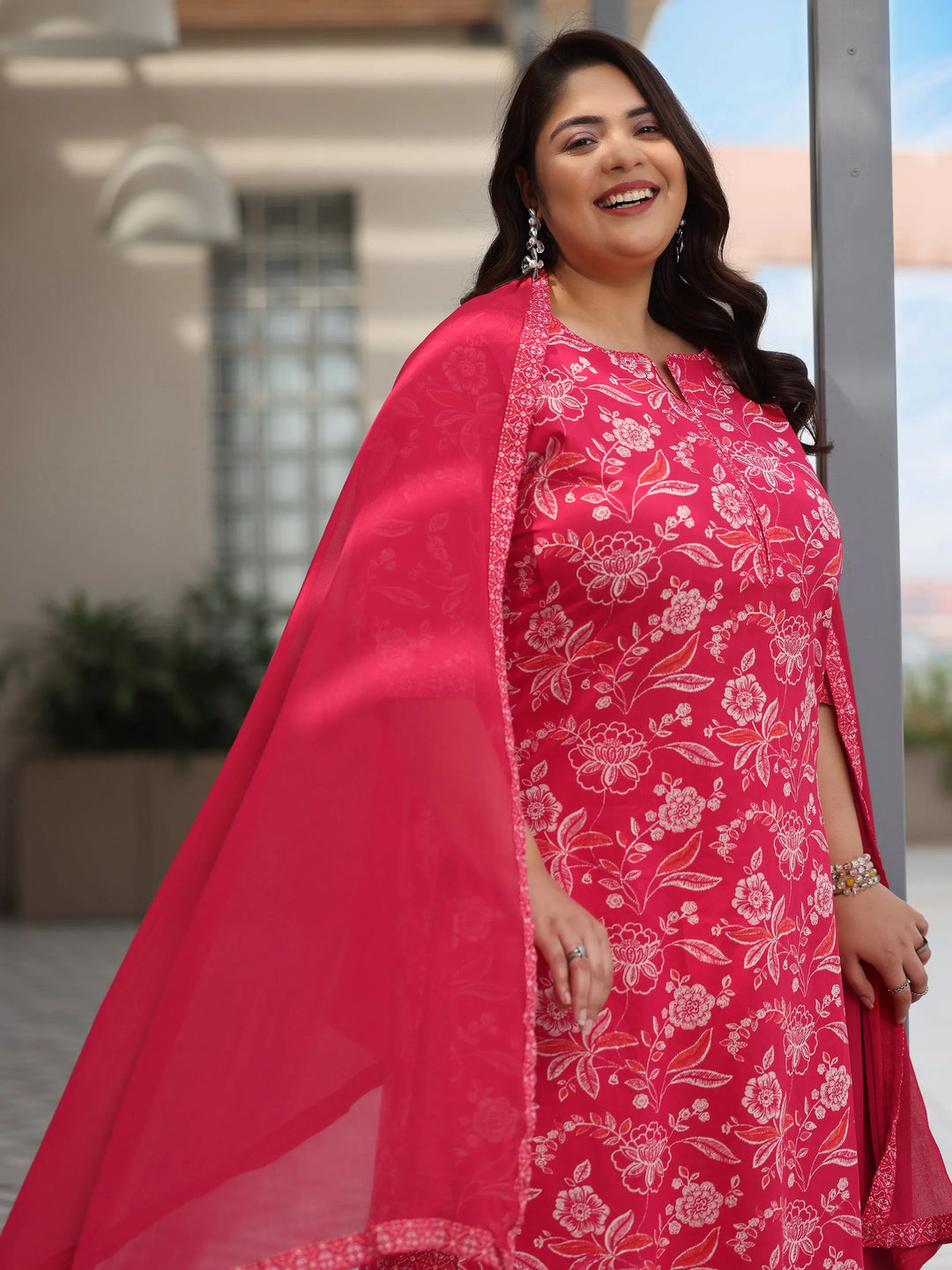  Plus Size Pink Printed Cotton Straight Suit With Dupatta 