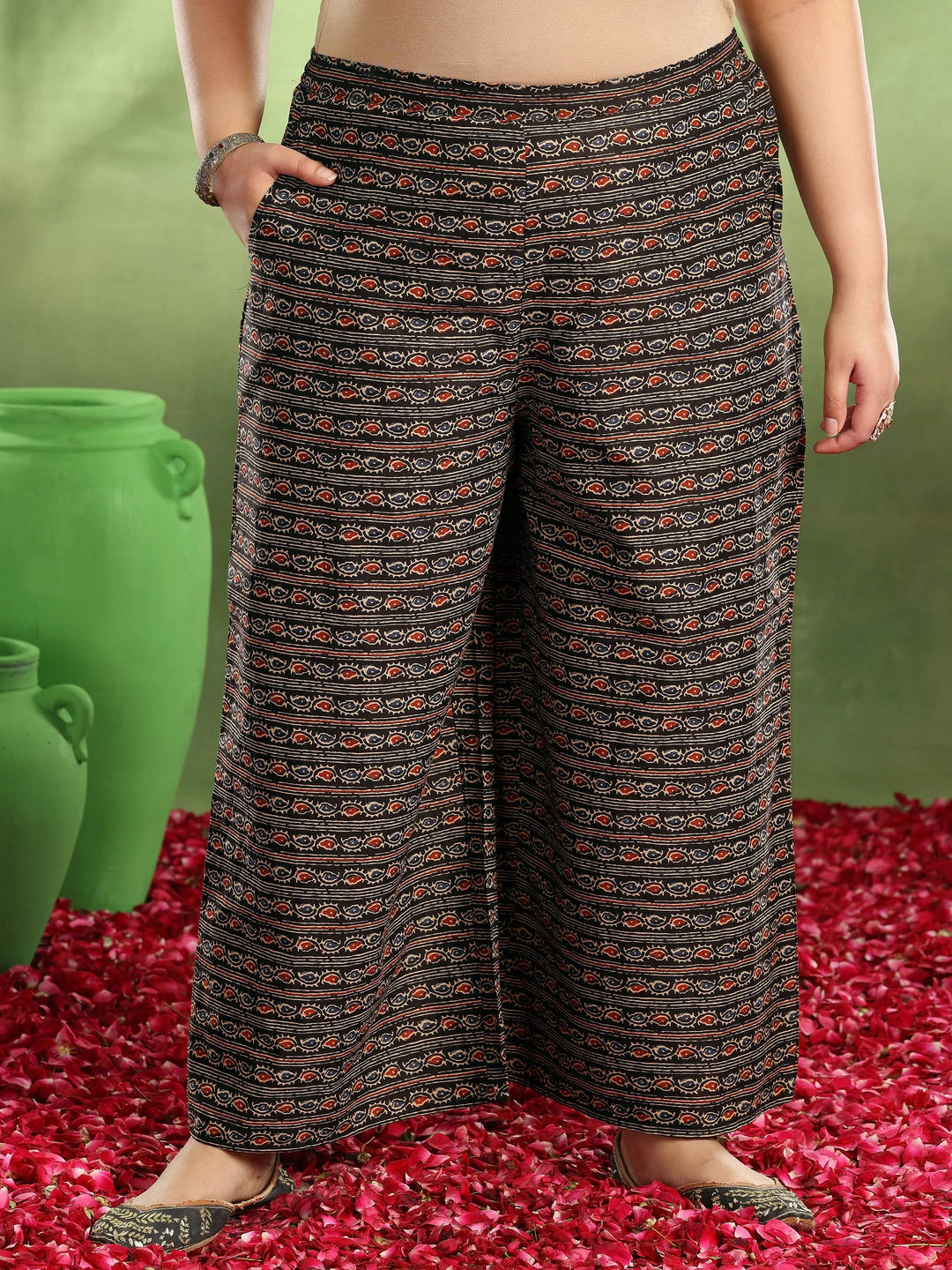  Plus Size Black Printed Cotton Straight Suit With Dupatta 