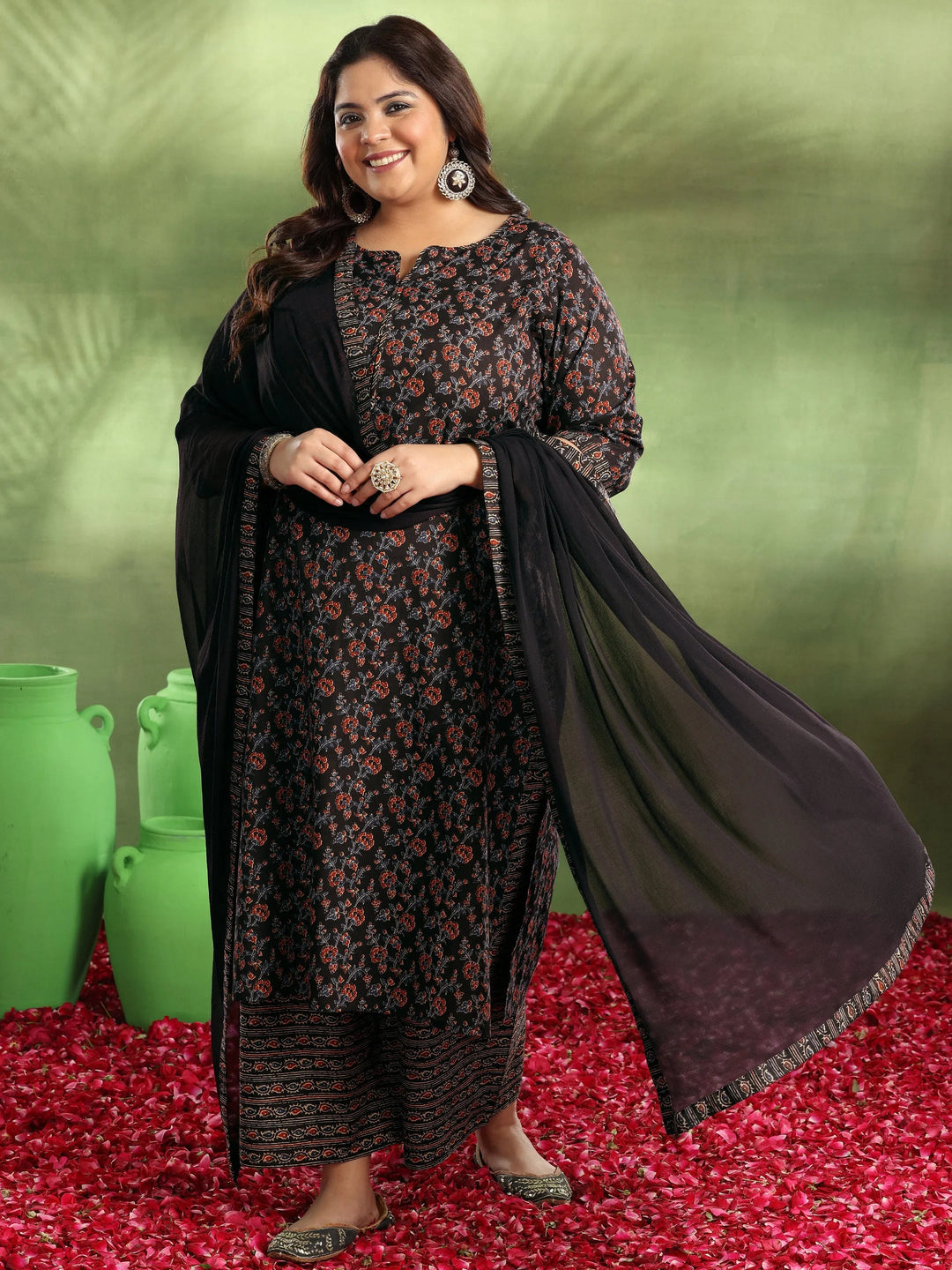  Plus Size Black Printed Cotton Straight Suit With Dupatta 
