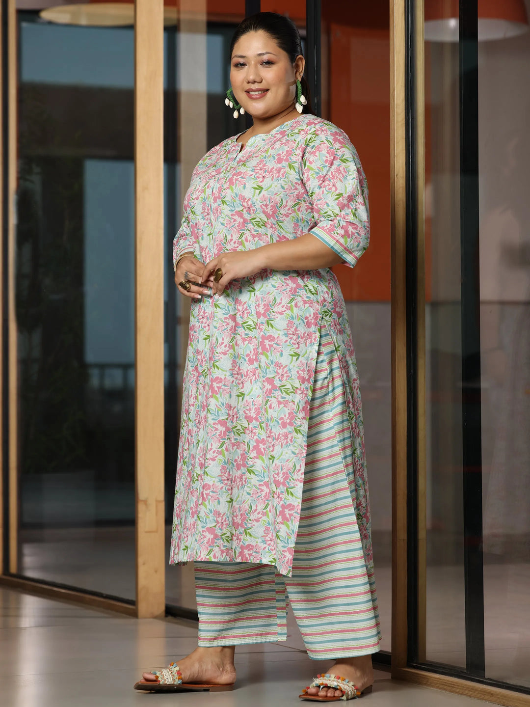  Plus Size Off White Printed Cotton Straight Suit With Dupatta 