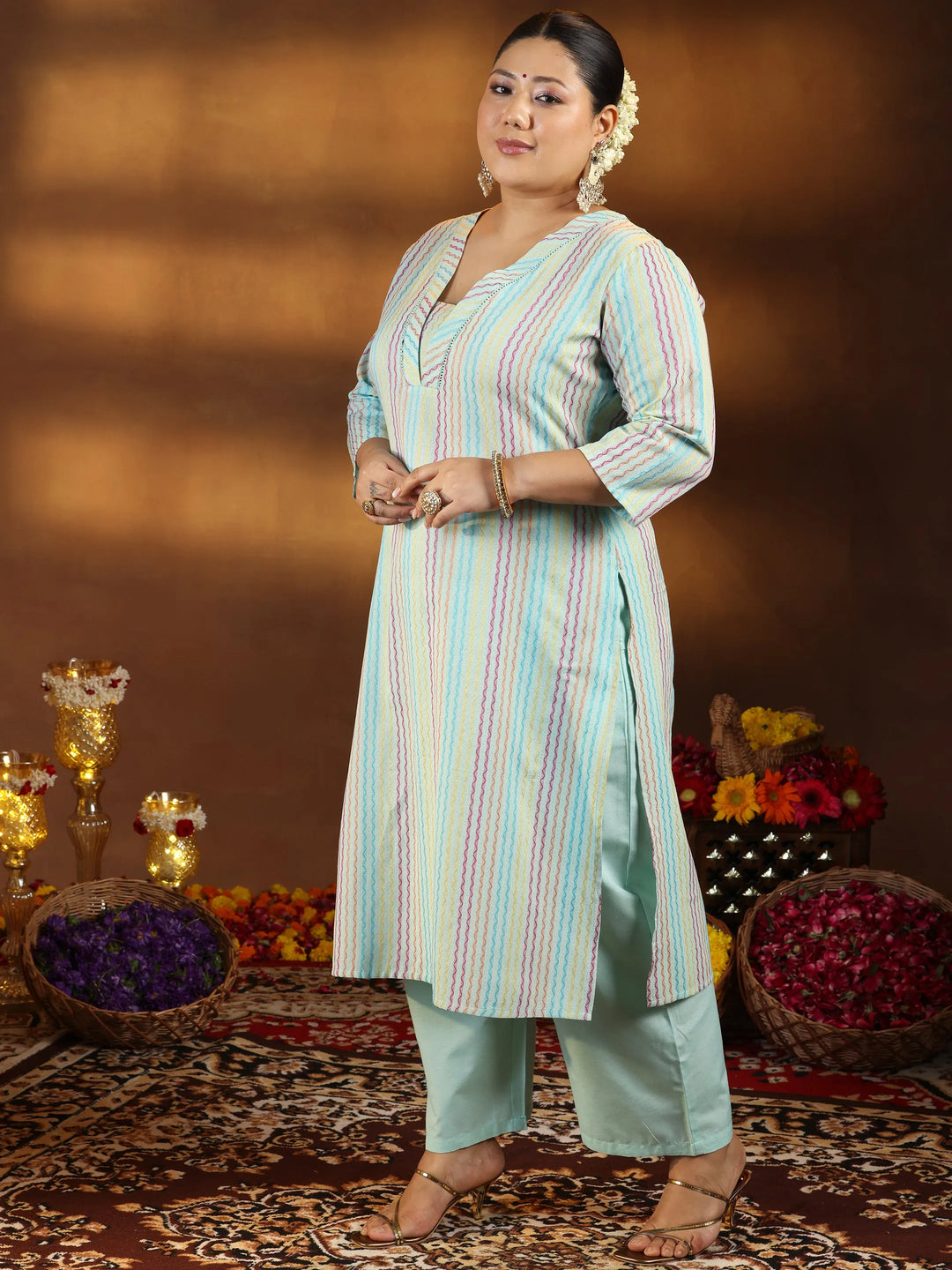  Plus Size Green Self Design Cotton Blend Straight Kurta Set 